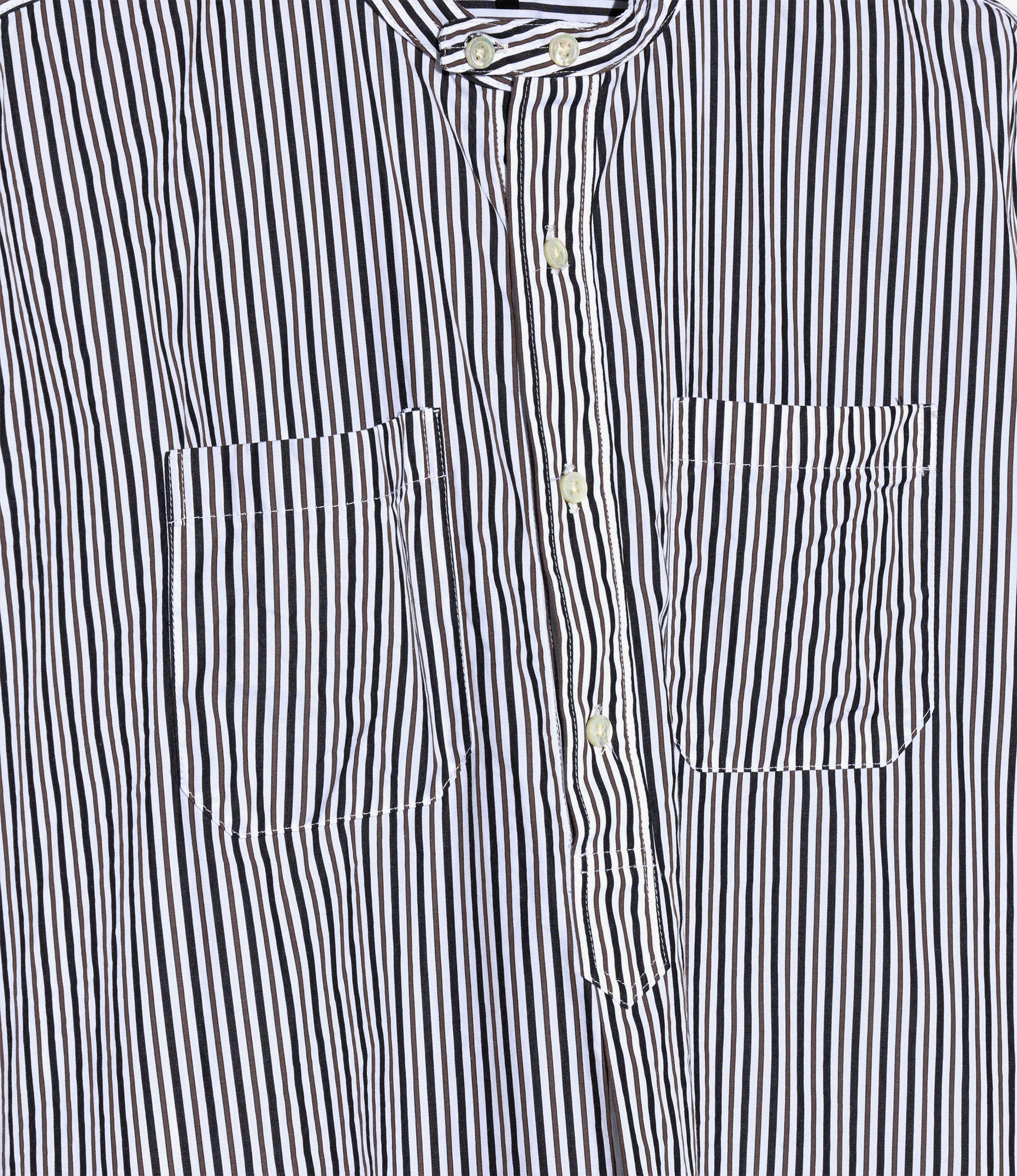 Banded Collar Long Shirt - White/Brown Stripe Cotton Broadcloth