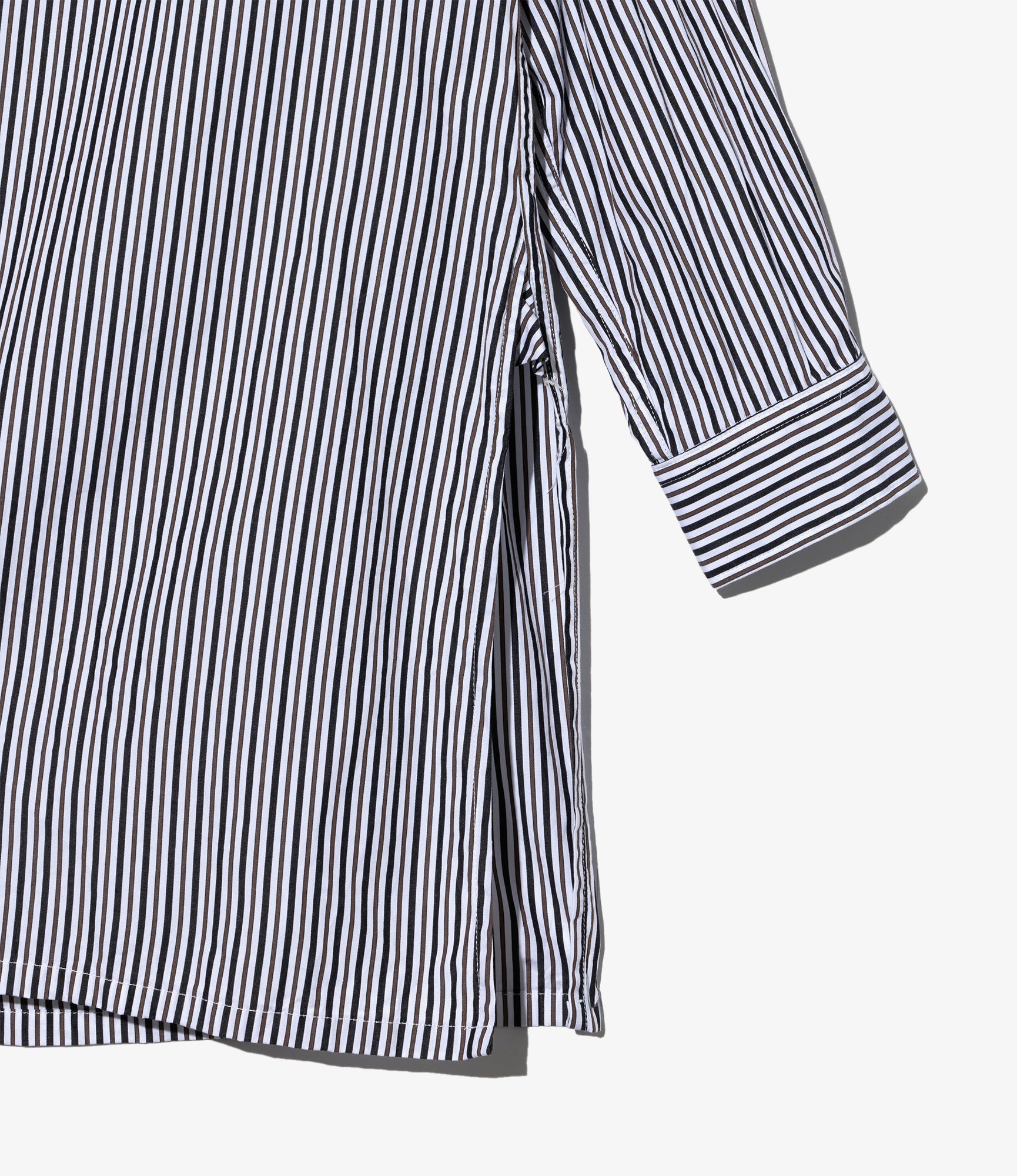 Banded Collar Long Shirt - White/Brown Stripe Cotton Broadcloth