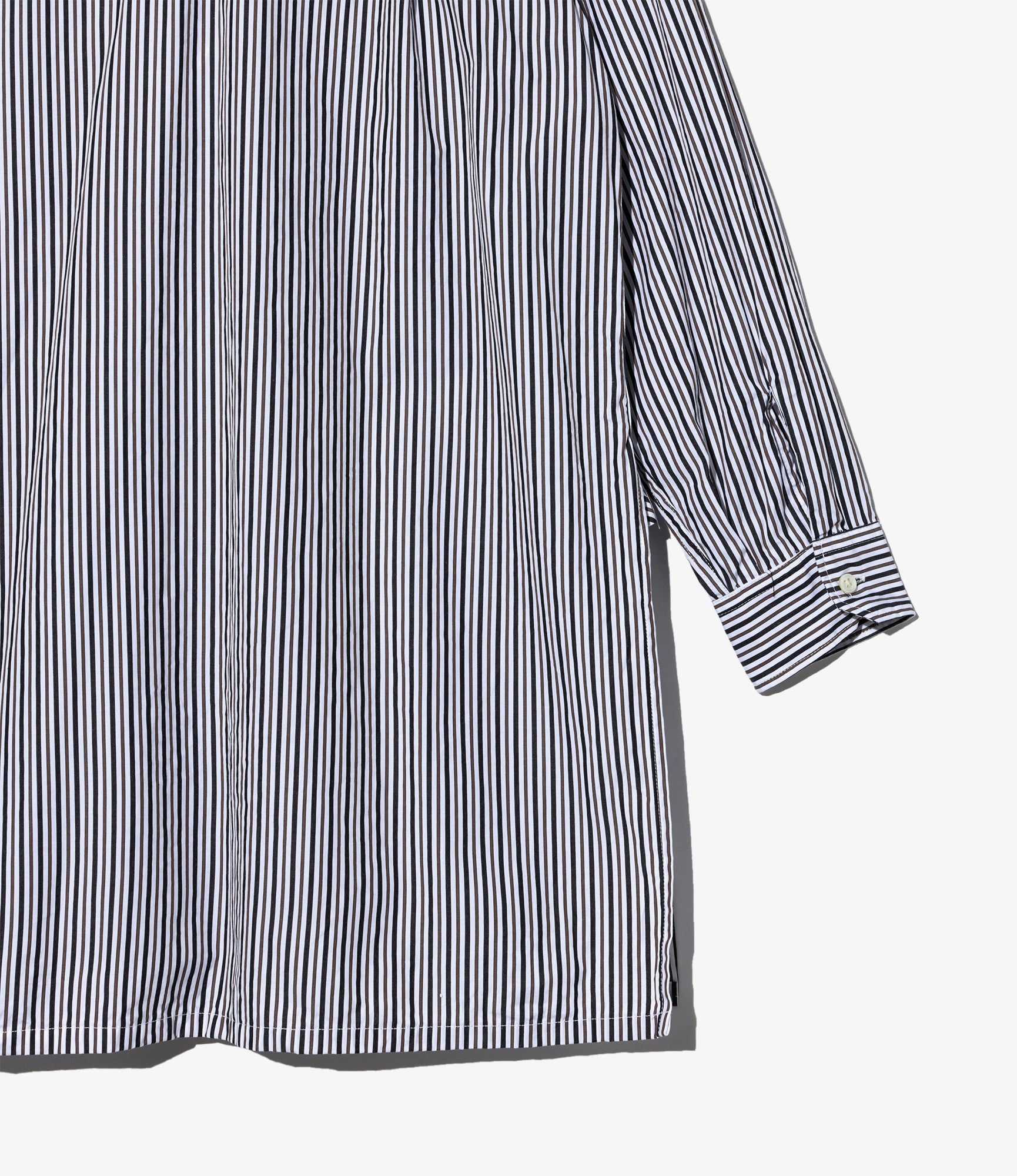 Banded Collar Long Shirt - White/Brown Stripe Cotton Broadcloth