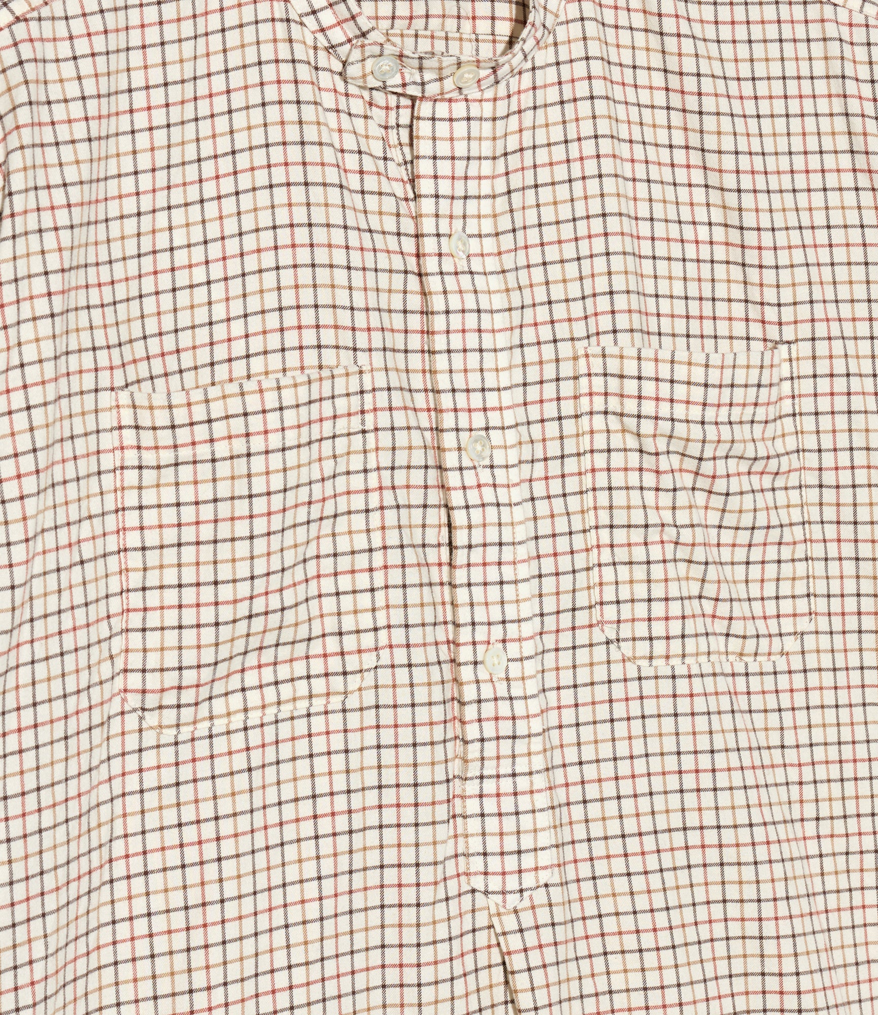 Banded Collar Long Shirt - Ivory Brushed Cotton Tattersall