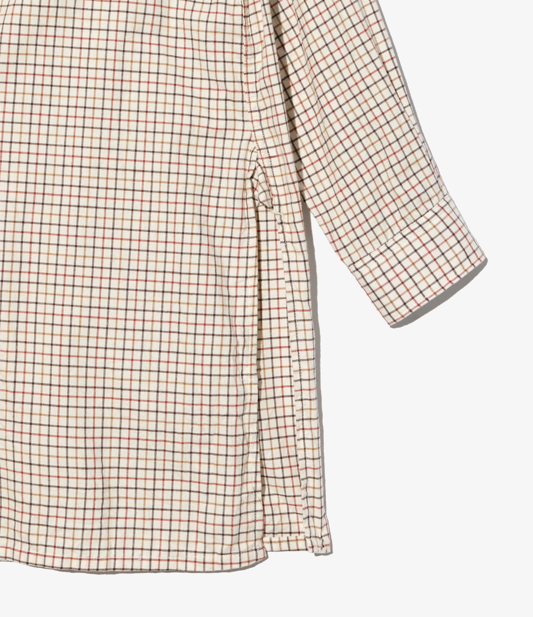 Banded Collar Long Shirt - Ivory Brushed Cotton Tattersall