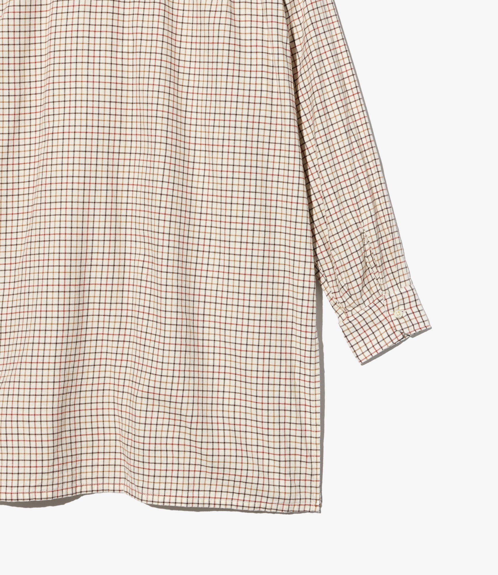 Banded Collar Long Shirt - Ivory Brushed Cotton Tattersall