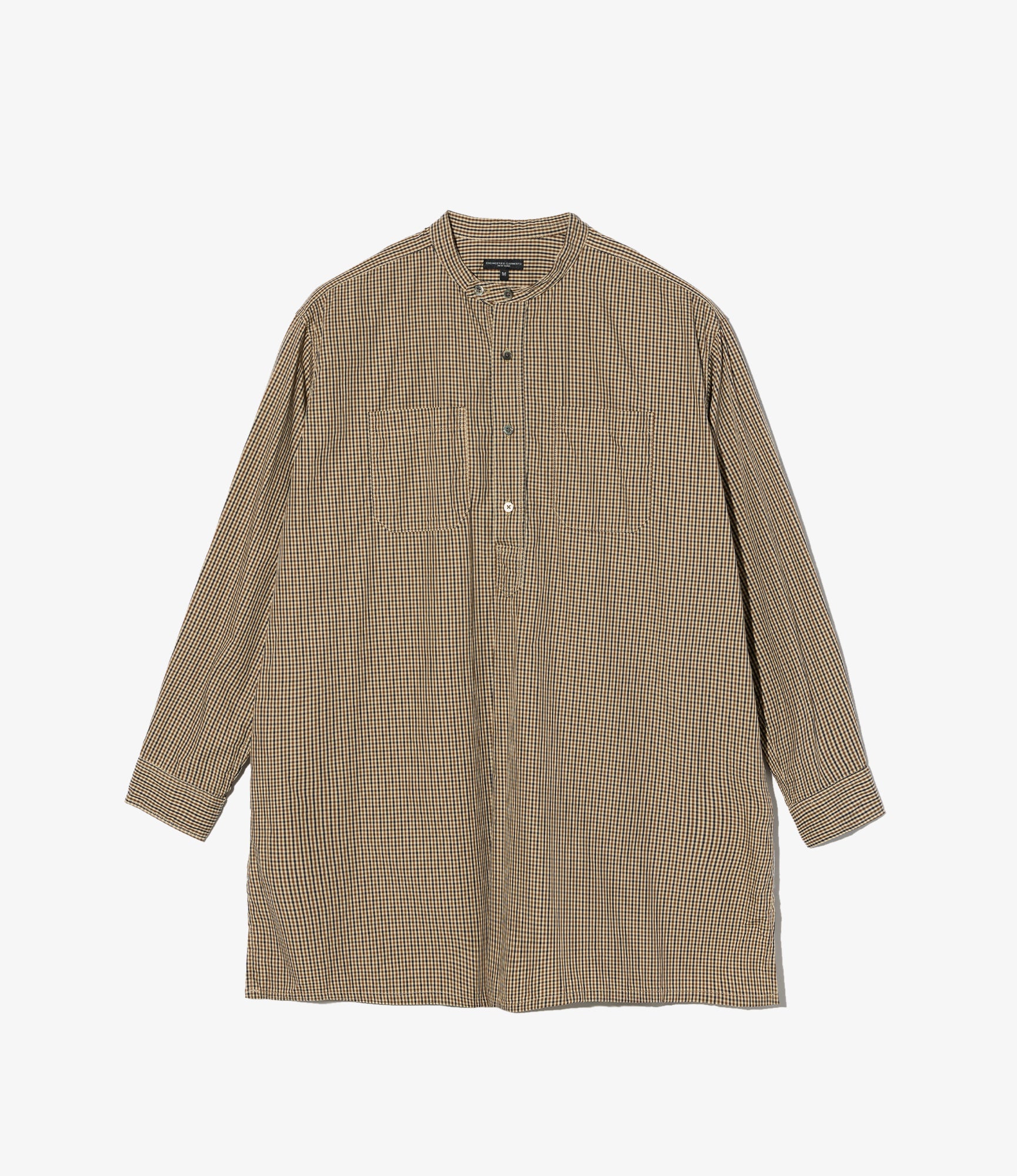 Banded Collar Long Shirt - Brown/Black Cotton Small Check