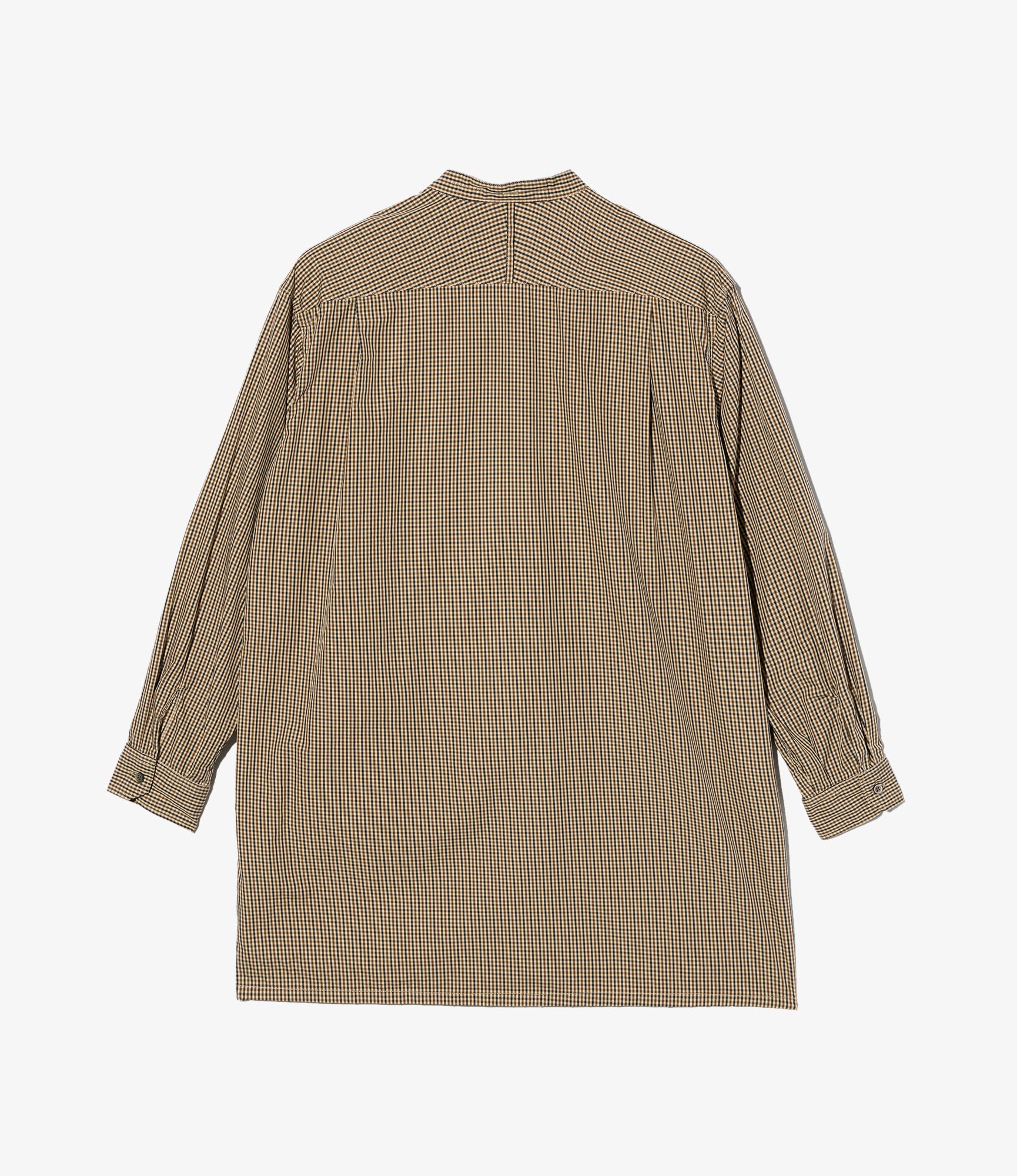 Banded Collar Long Shirt - Brown/Black Cotton Small Check
