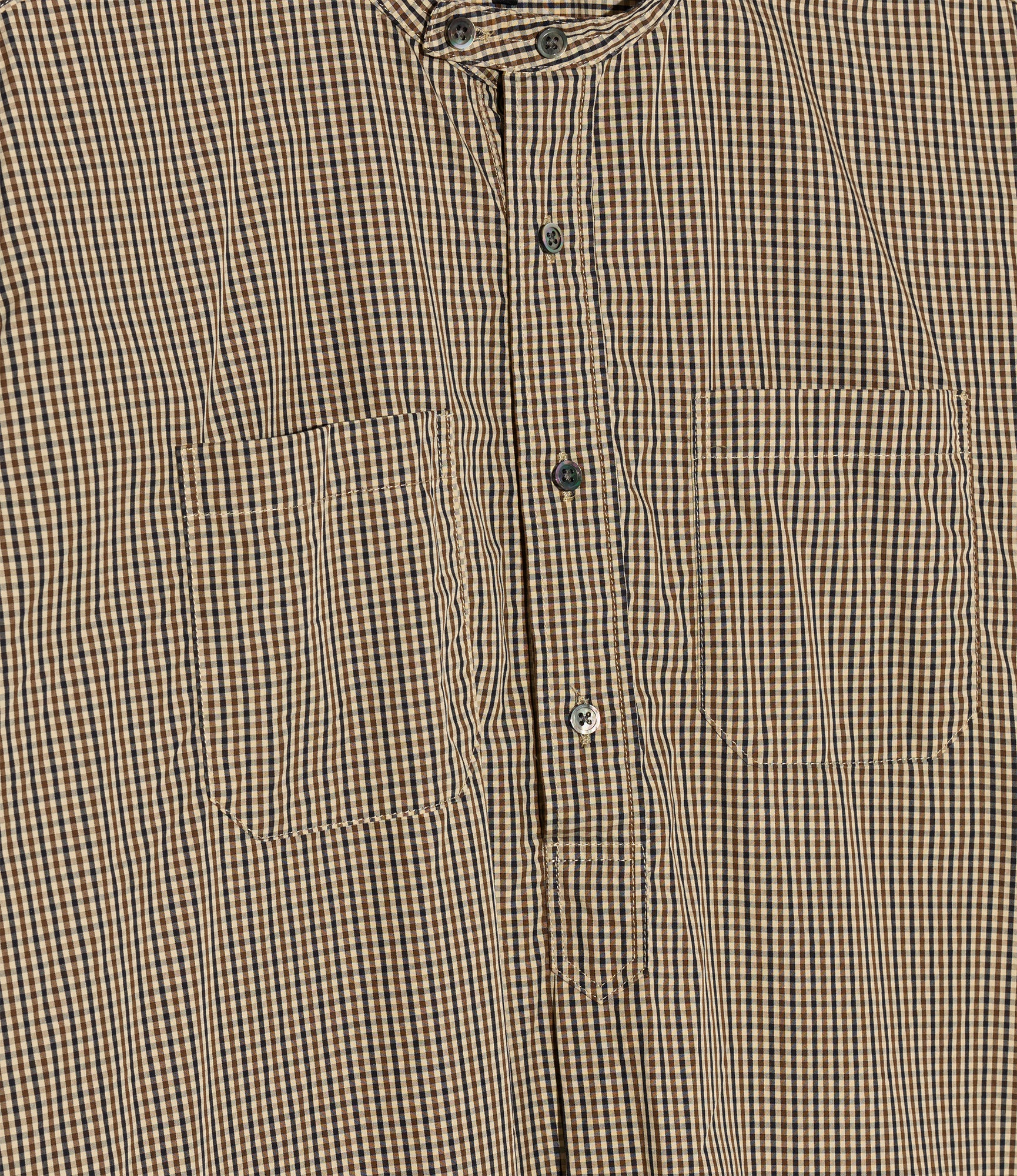 Banded Collar Long Shirt - Brown/Black Cotton Small Check