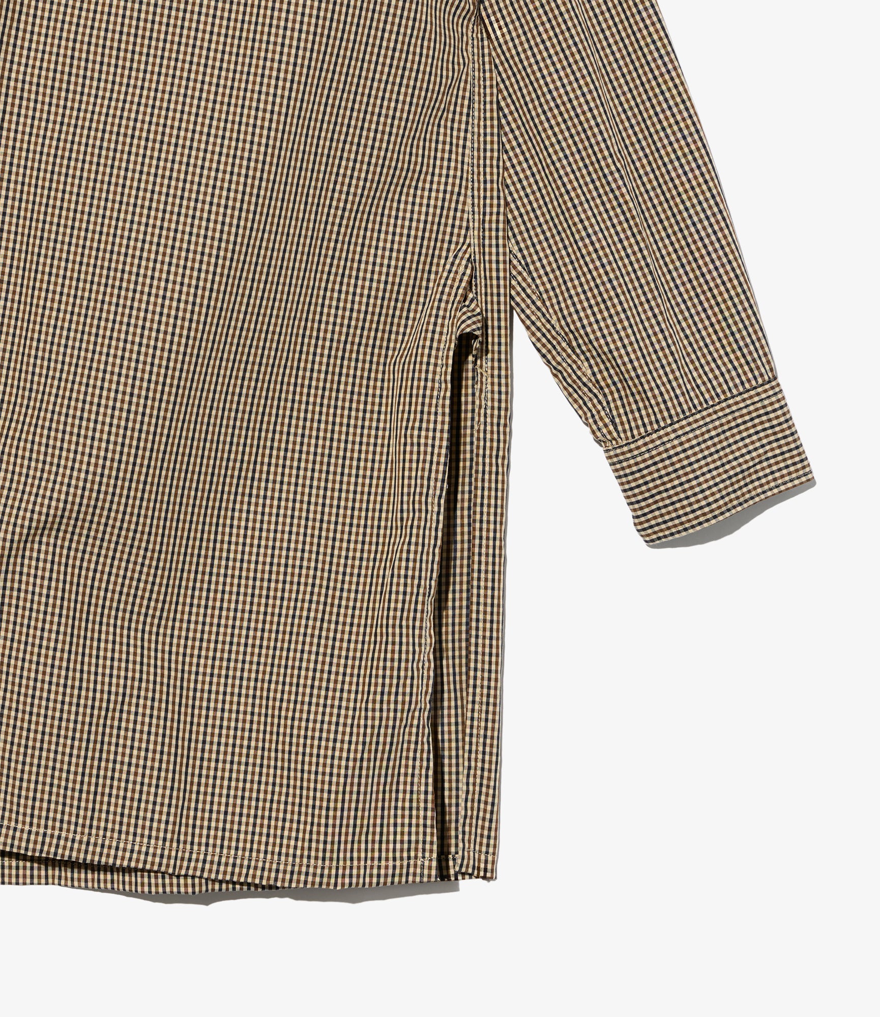 Banded Collar Long Shirt - Brown/Black Cotton Small Check
