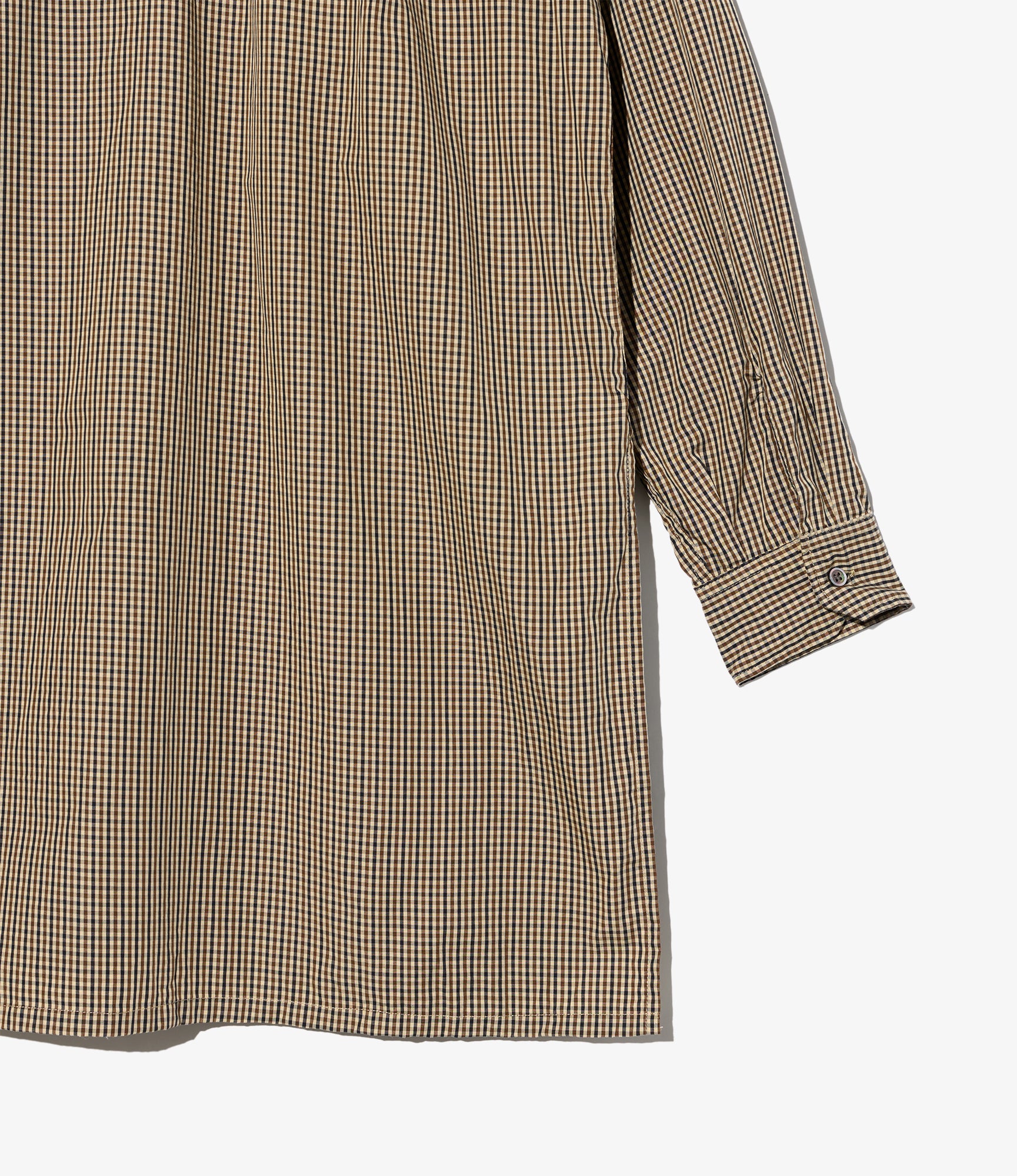 Banded Collar Long Shirt - Brown/Black Cotton Small Check