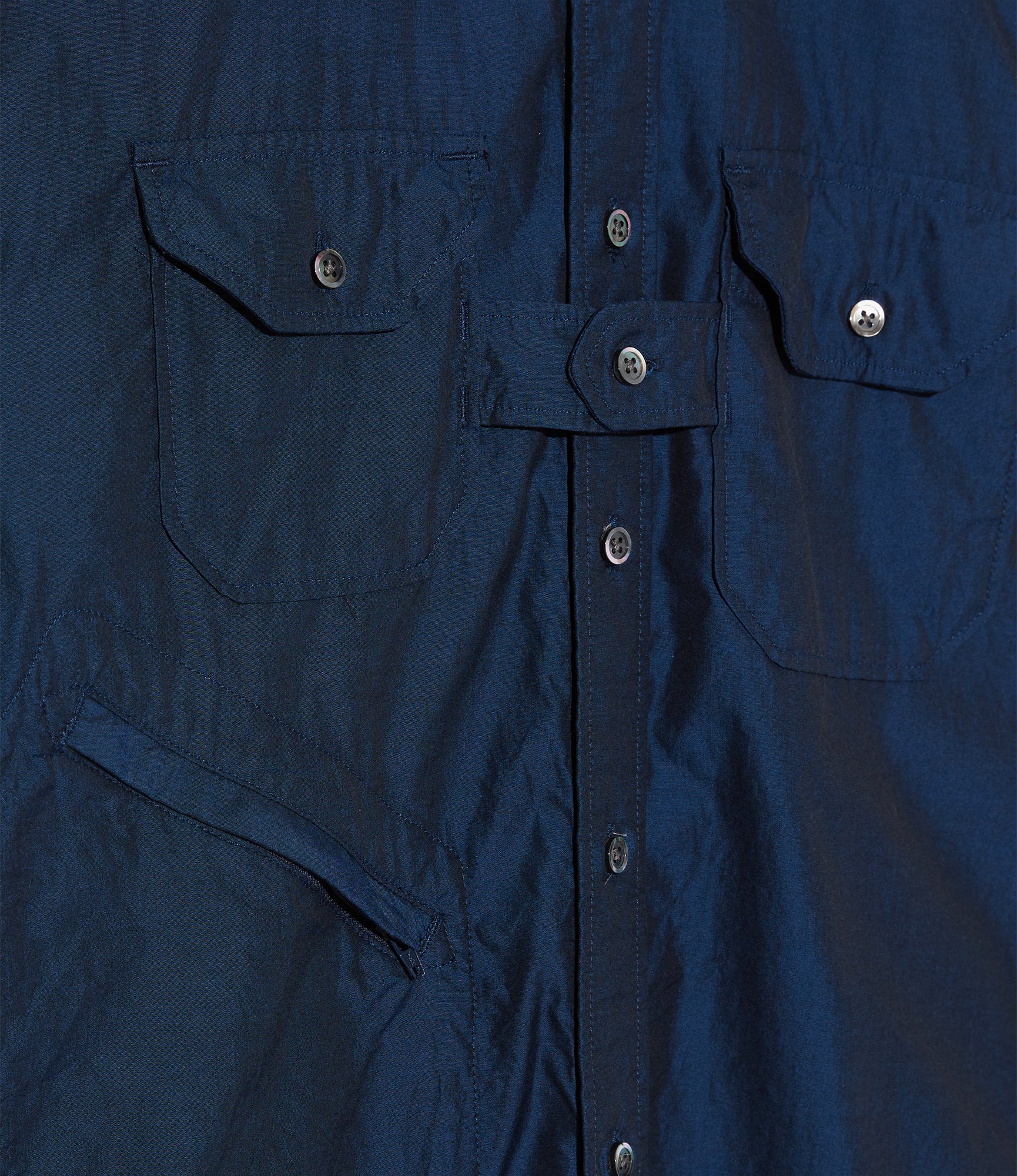 Banded Collar Shirt - Navy Cotton Iridescent Broadcloth