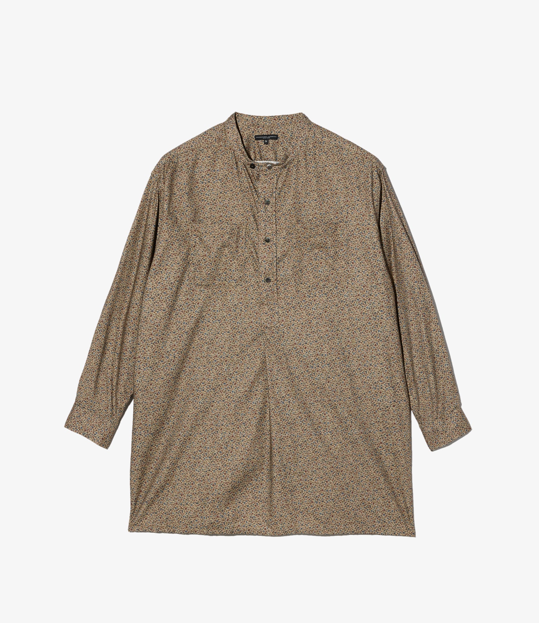 Banded Collar Long Shirt - Khaki Cotton Small Floral Print Flannel