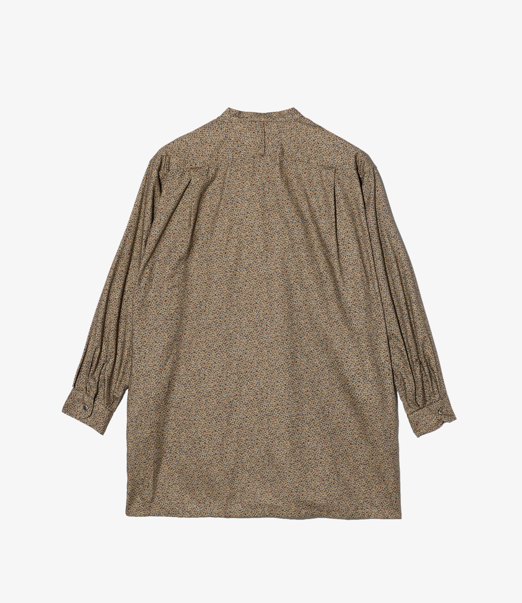 Banded Collar Long Shirt - Khaki Cotton Small Floral Print Flannel