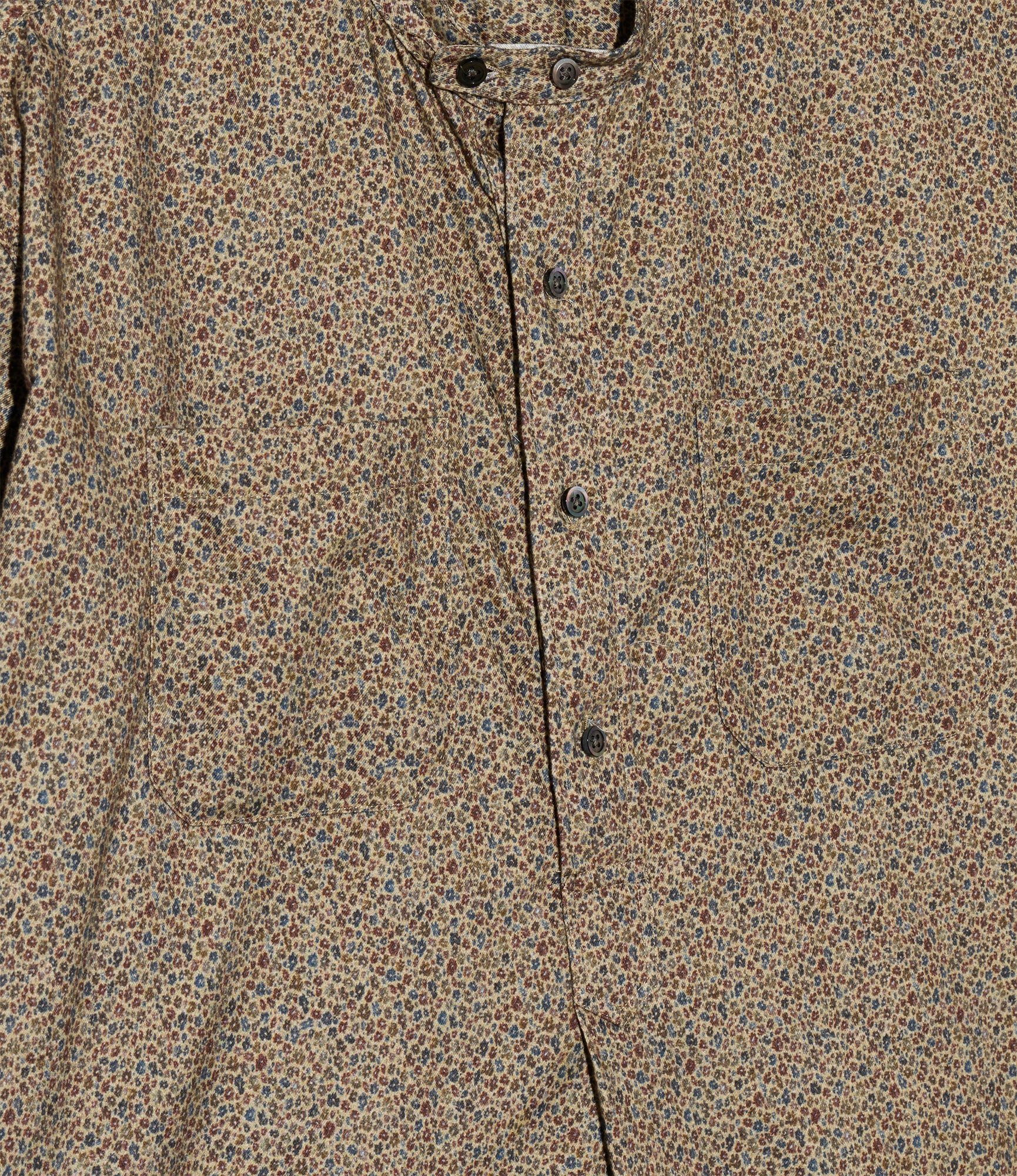 Banded Collar Long Shirt - Khaki Cotton Small Floral Print Flannel