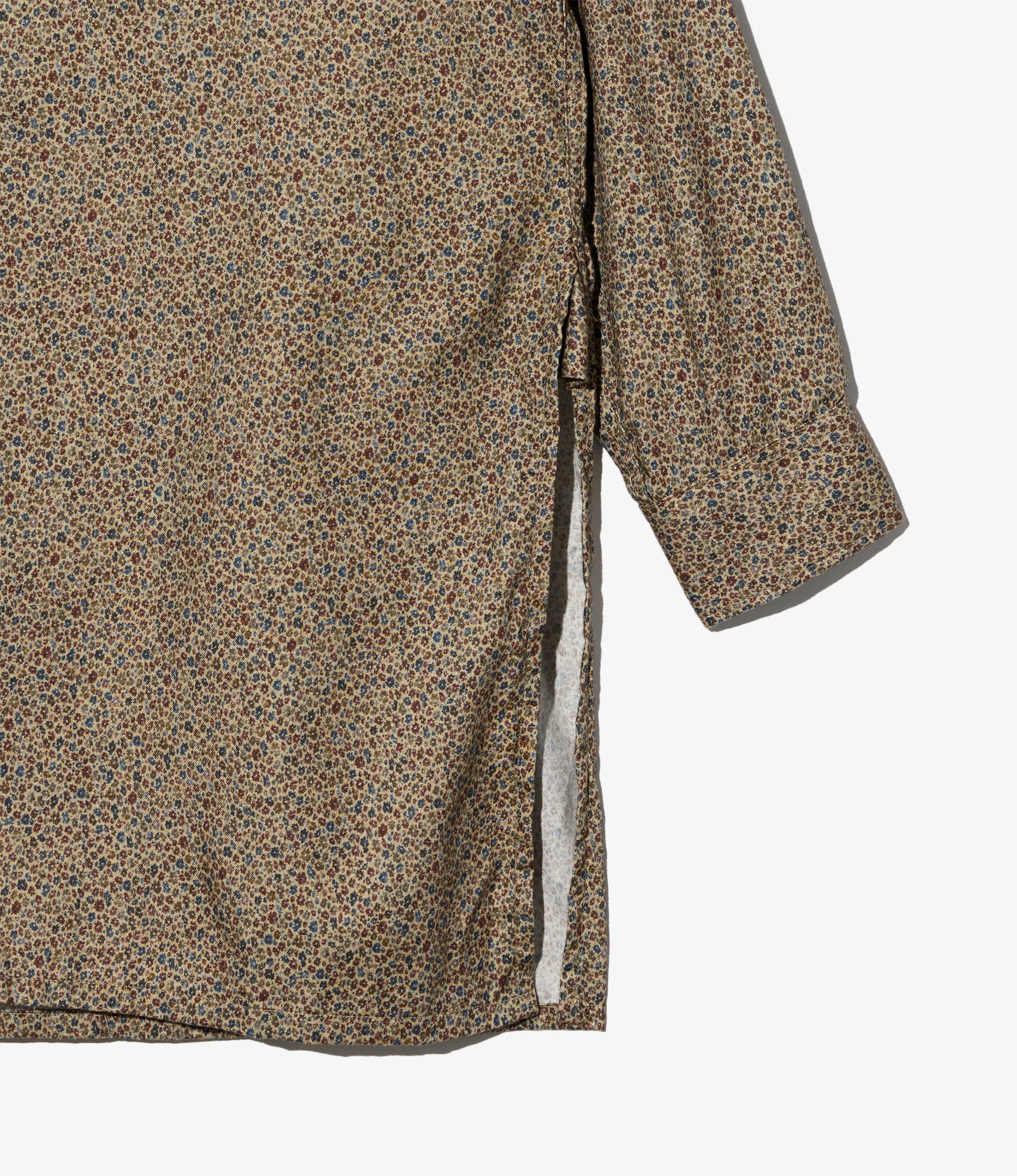 Banded Collar Long Shirt - Khaki Cotton Small Floral Print Flannel