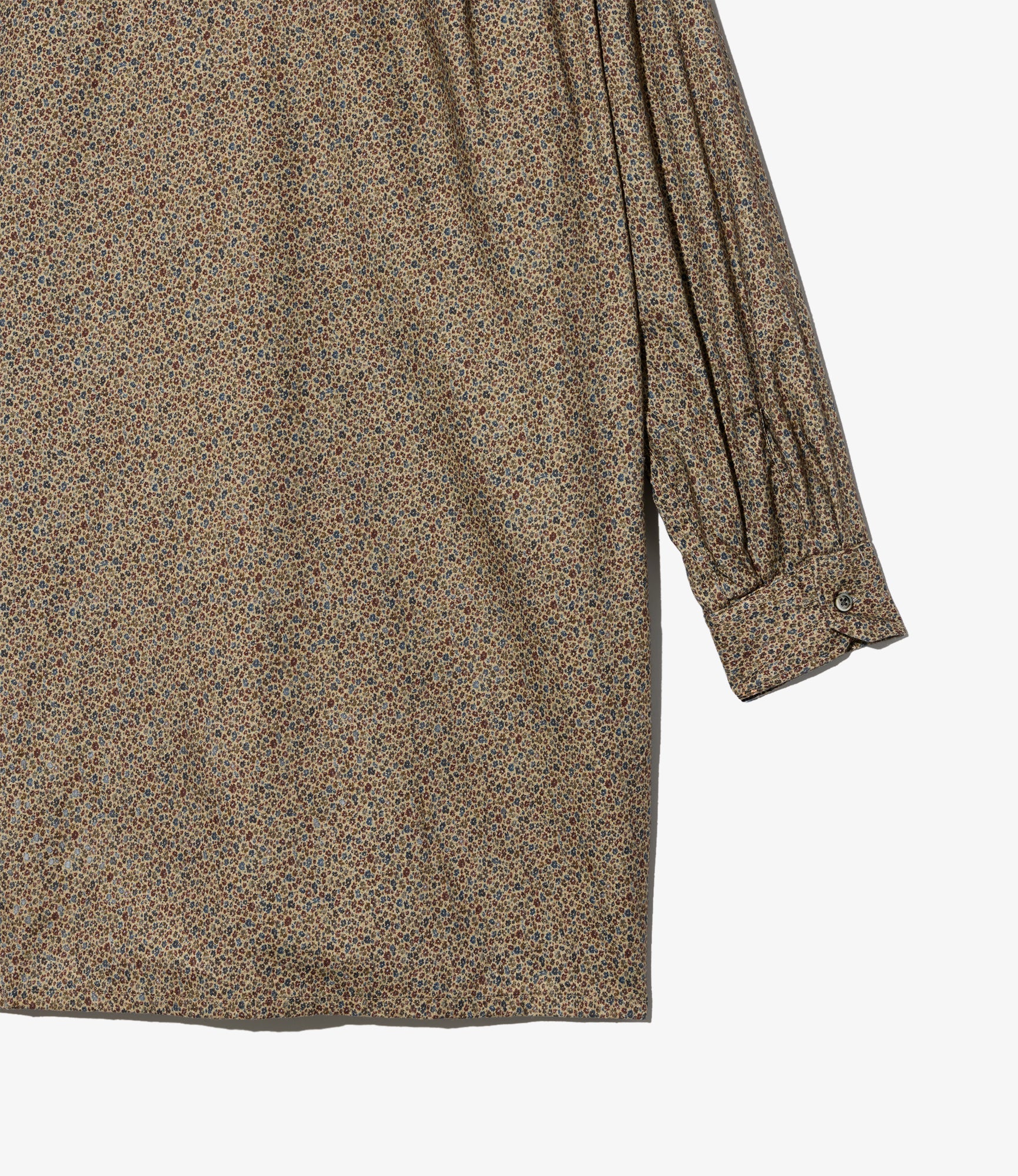 Banded Collar Long Shirt - Khaki Cotton Small Floral Print Flannel