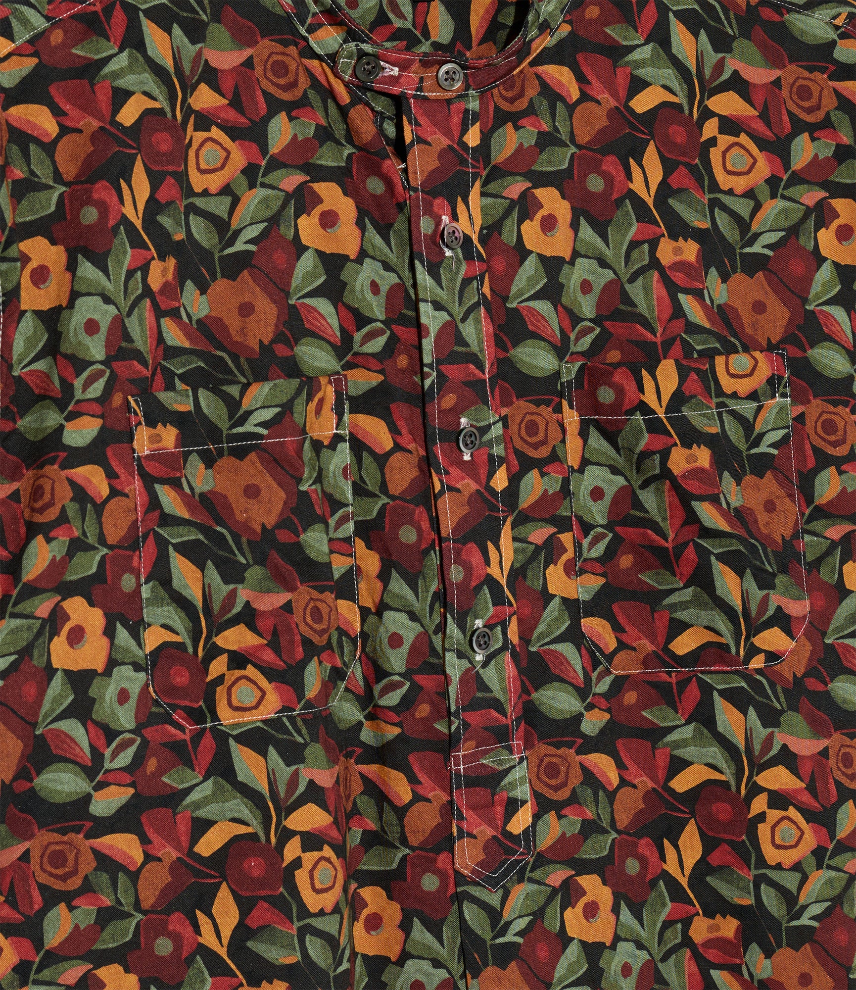 Banded Collar Long Shirt - Orange/Black Cotton Rose Print