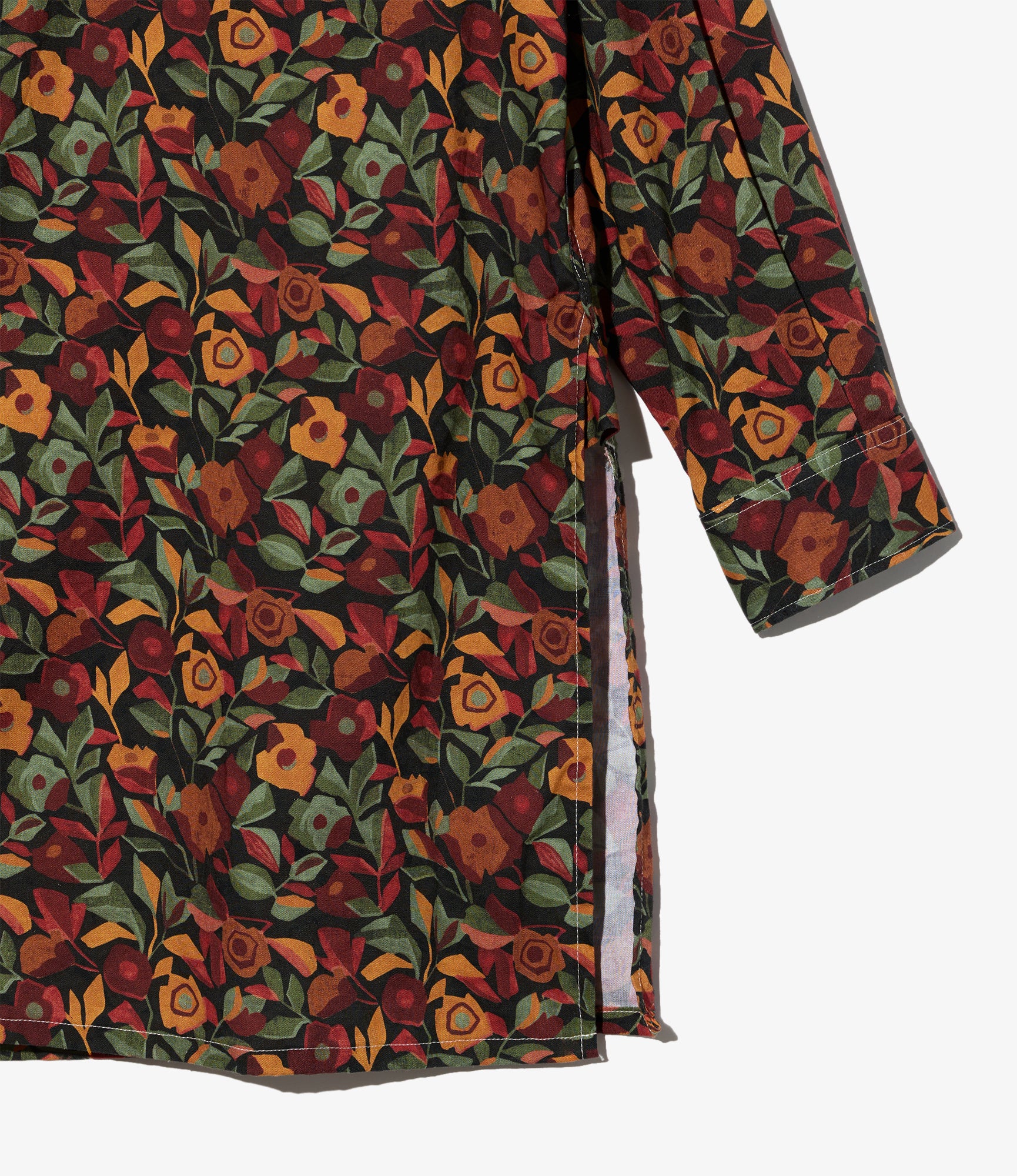 Banded Collar Long Shirt - Orange/Black Cotton Rose Print