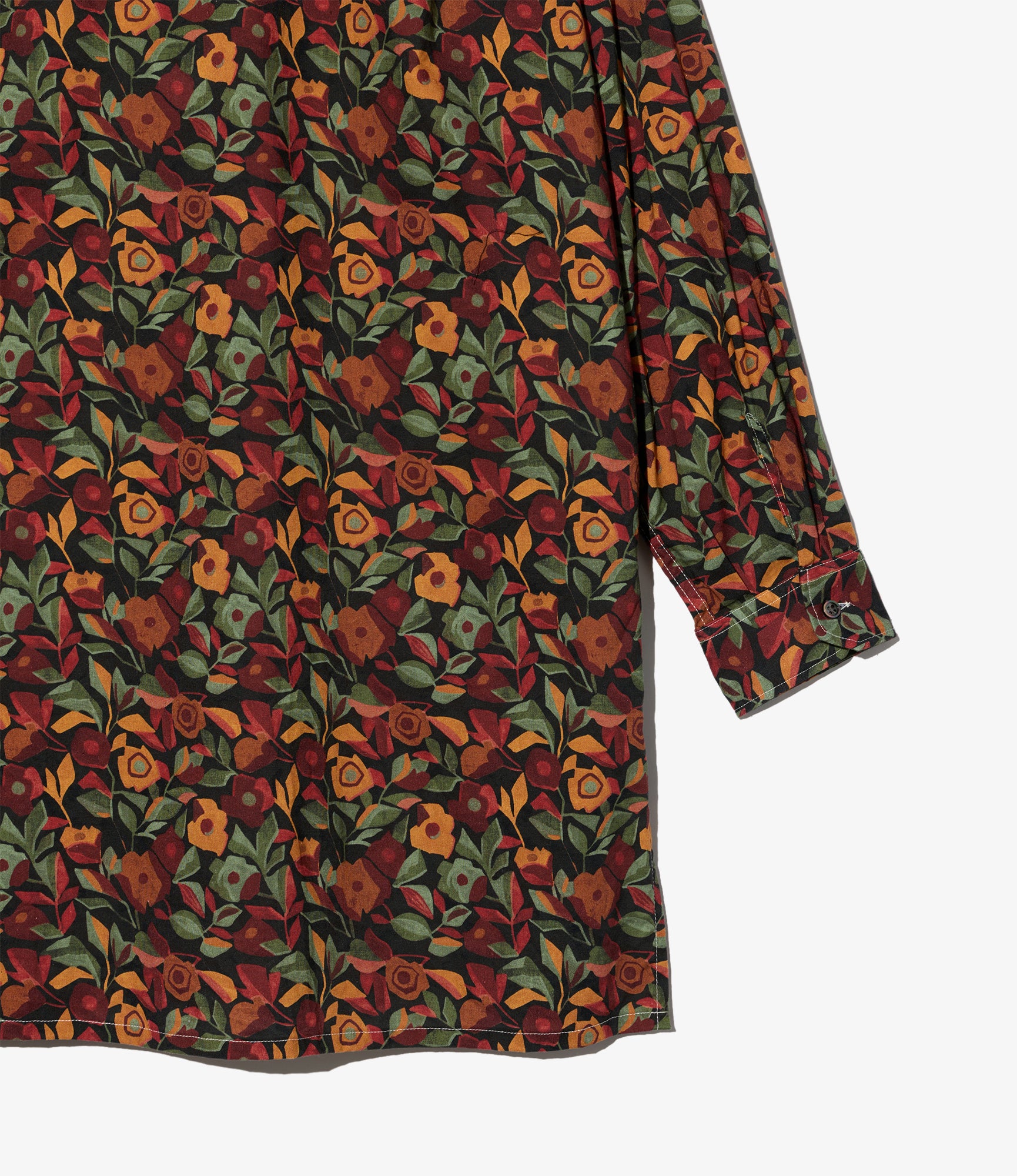 Banded Collar Long Shirt - Orange/Black Cotton Rose Print