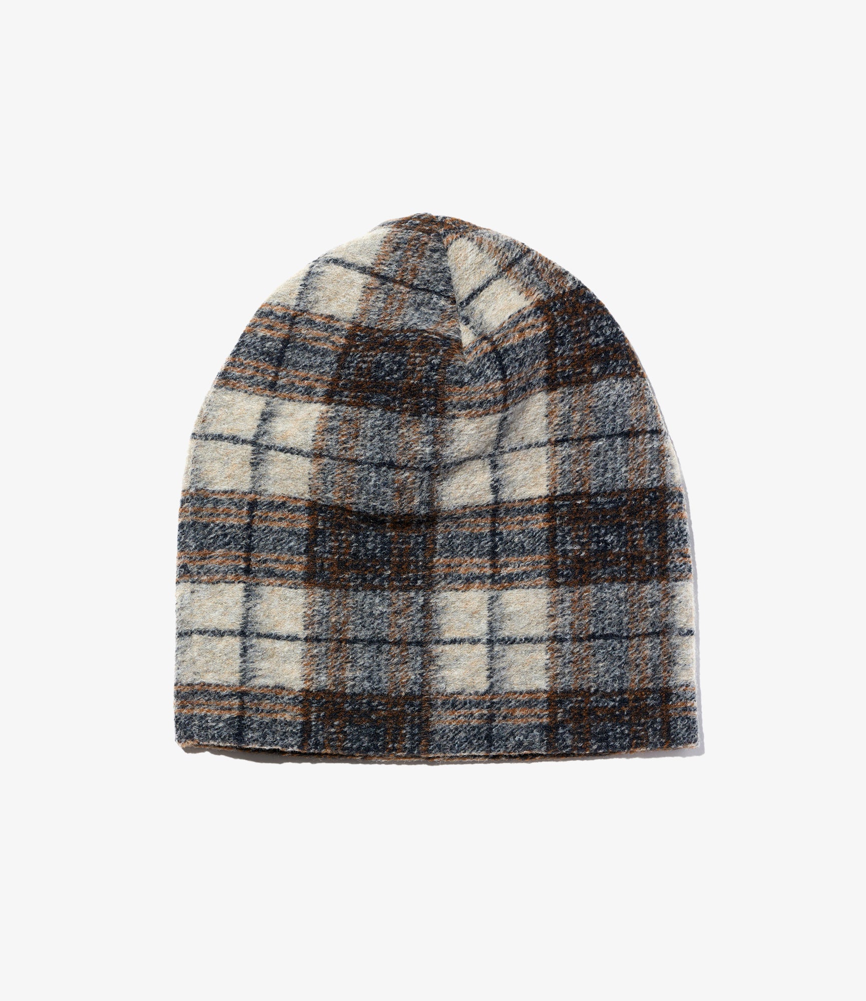 Beanie - Khaki/Navy Poly Wool Knit Plaid