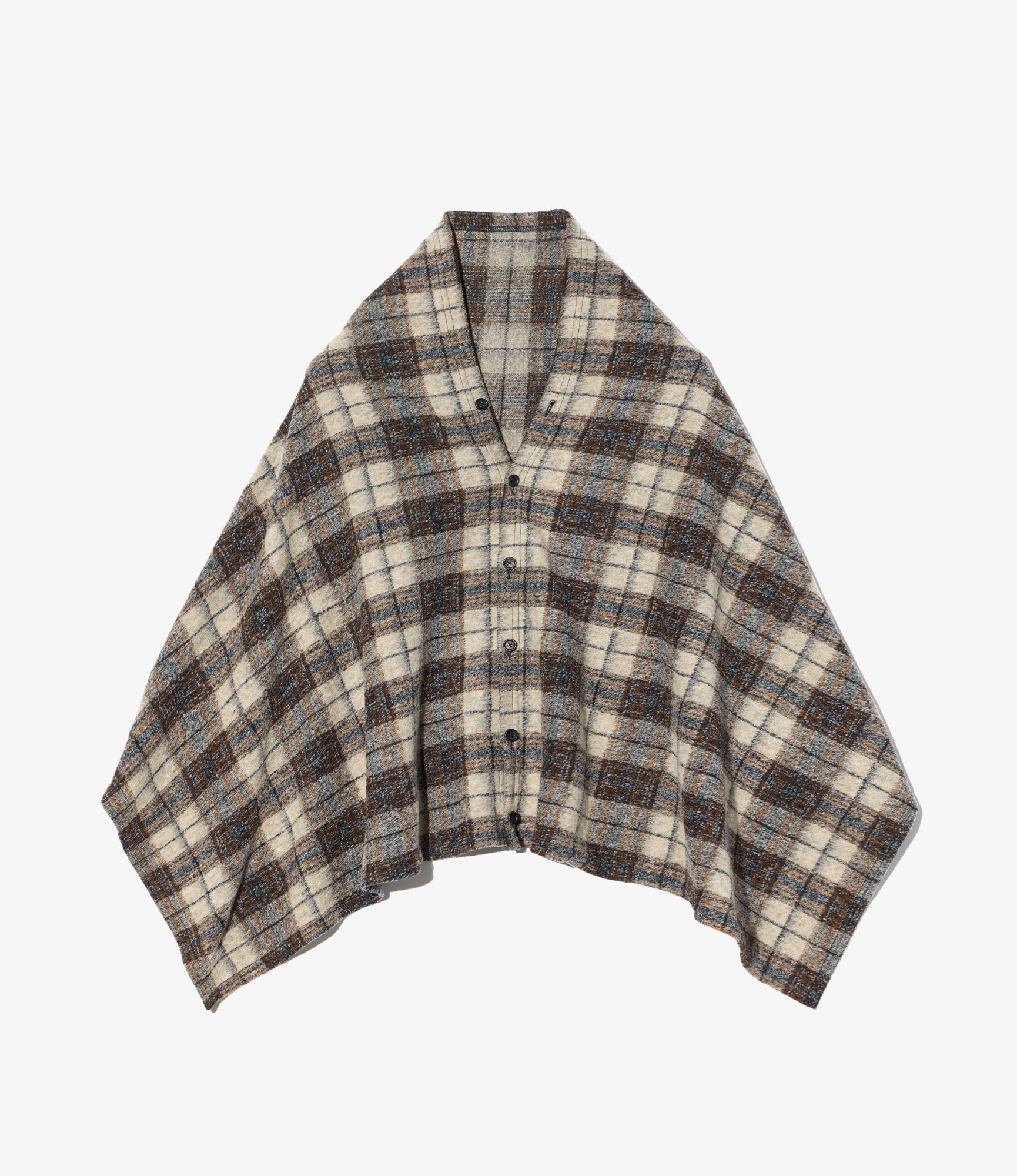 Button Shawl - Khaki/Navy Poly Wool Knit Plaid