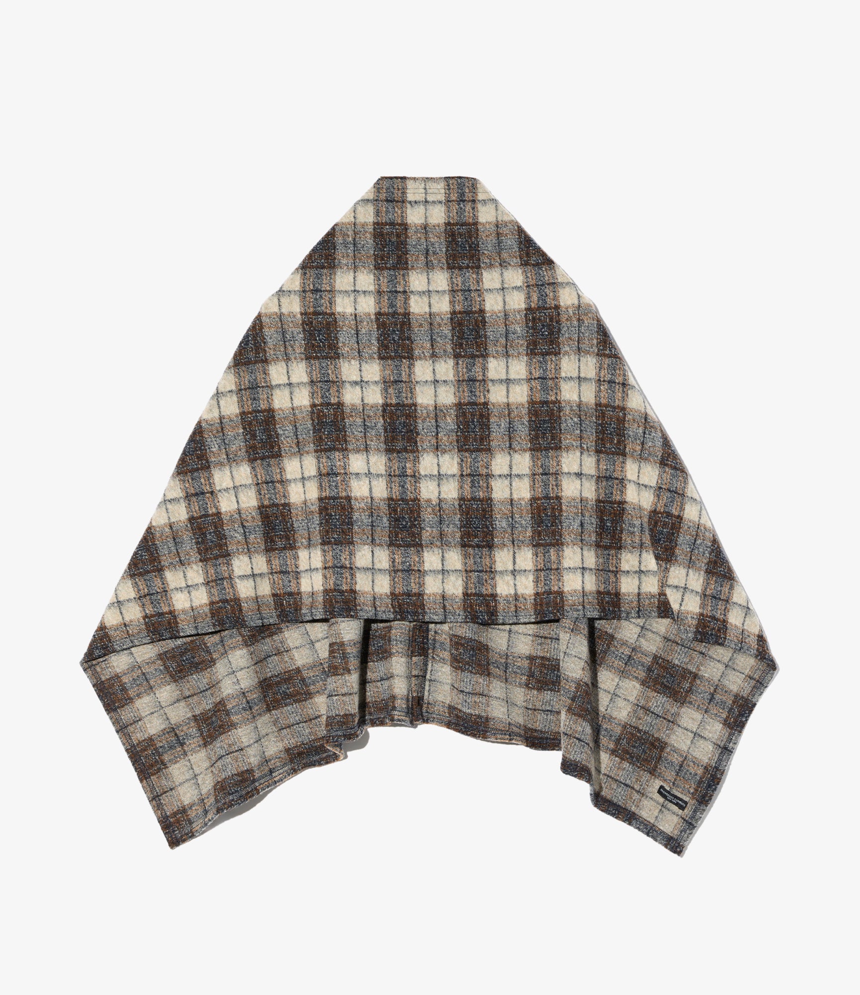 Button Shawl - Khaki/Navy Poly Wool Knit Plaid