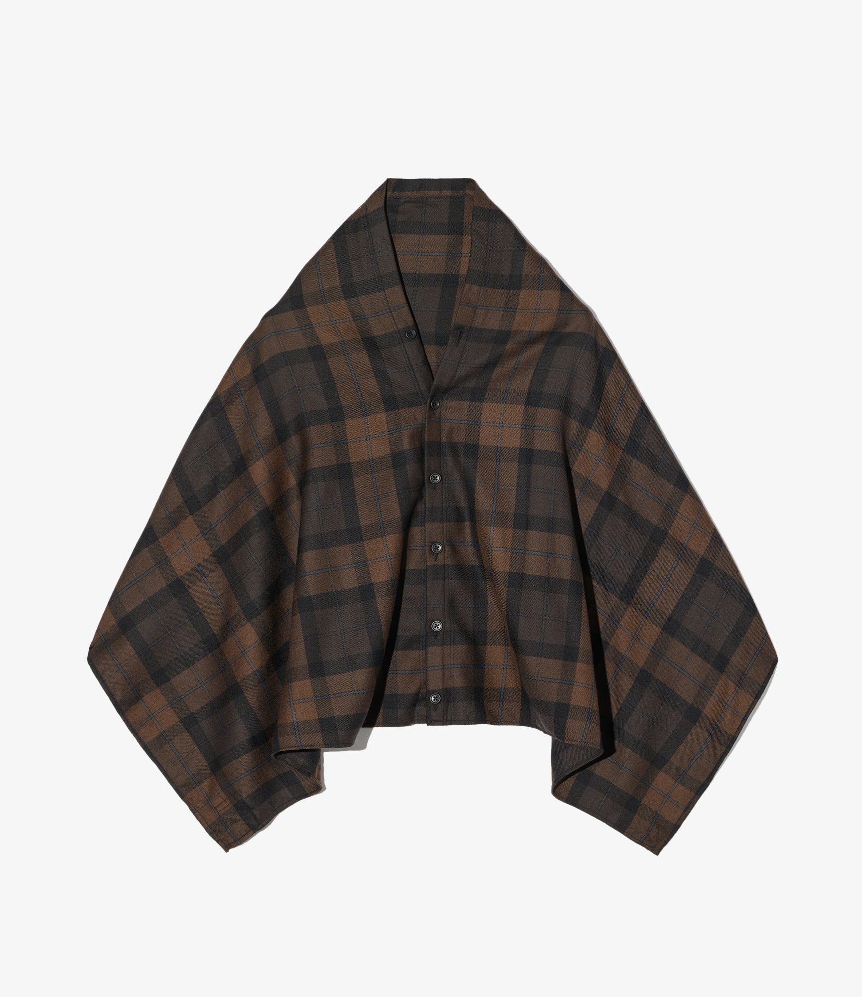 Button Shawl - Brown/Black Worsted Wool Plaid