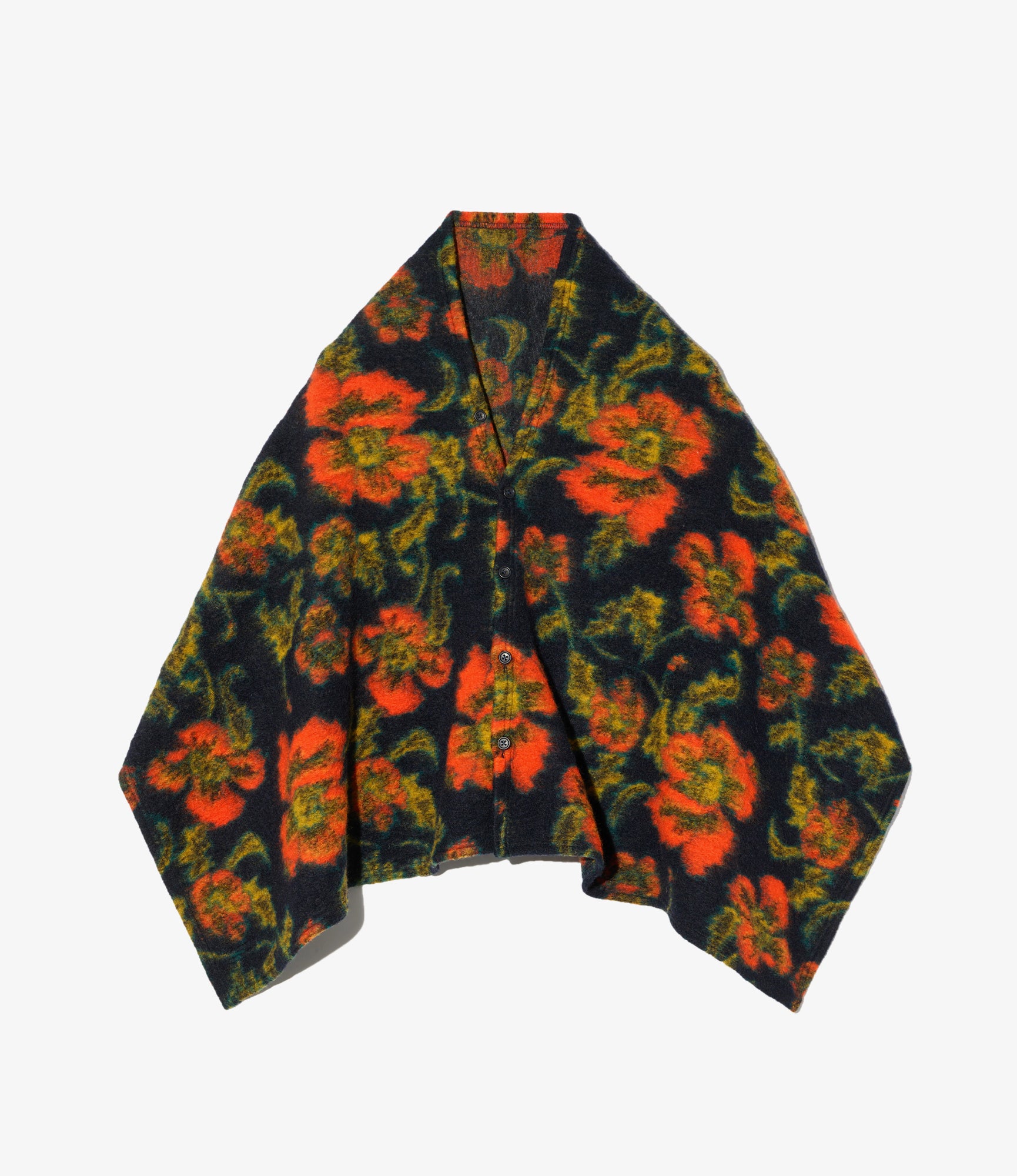 Button Shawl - Navy/Orange Floral Knit Jq.