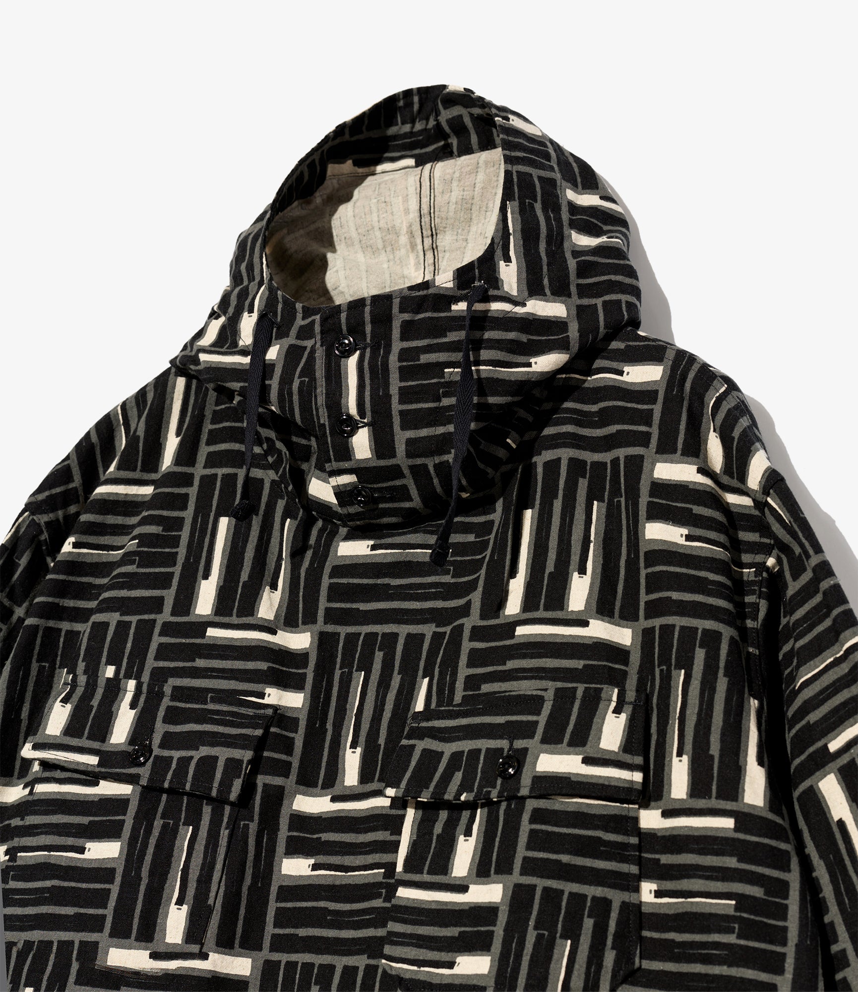 Cagoule Shirt - Black Tile Print Cotton Canvas