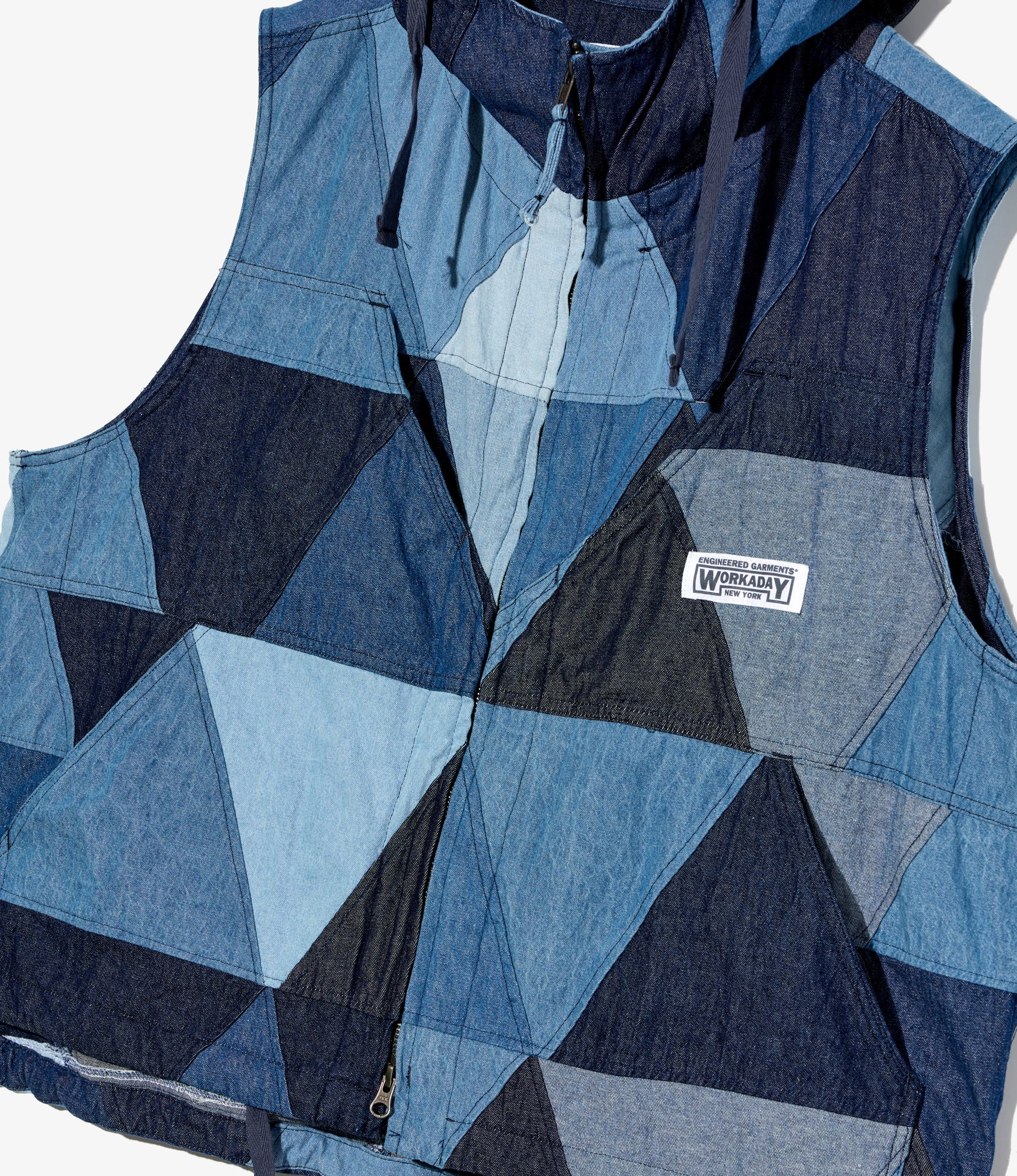 Hooded Vest - Indigo Denim Triangle Patchwork