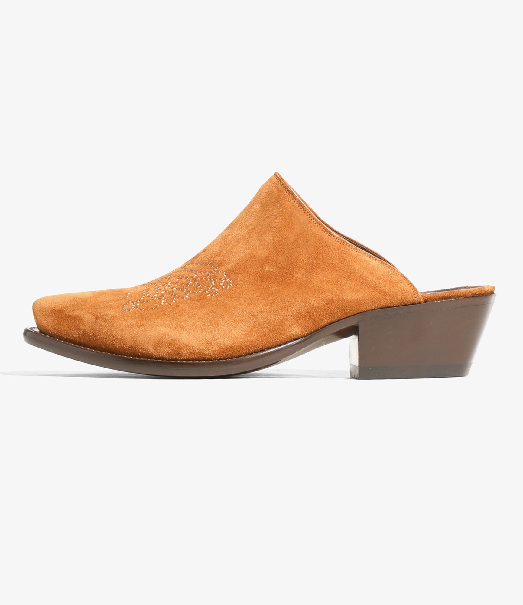 Heeled Papillon Stitched Mule - Brown Suede