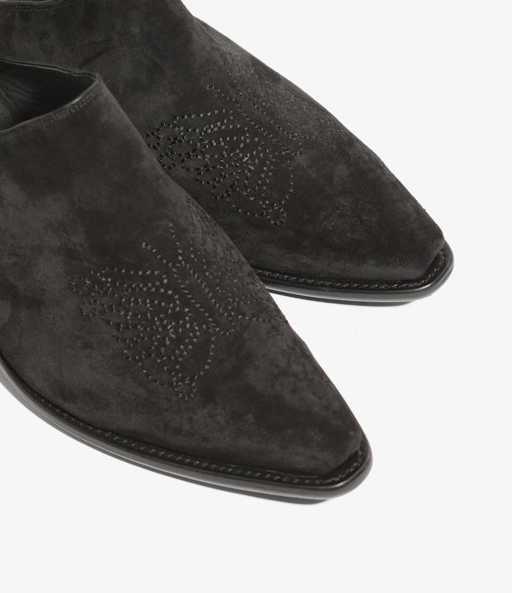Heeled Papillon Stitched Mule - Black Suede