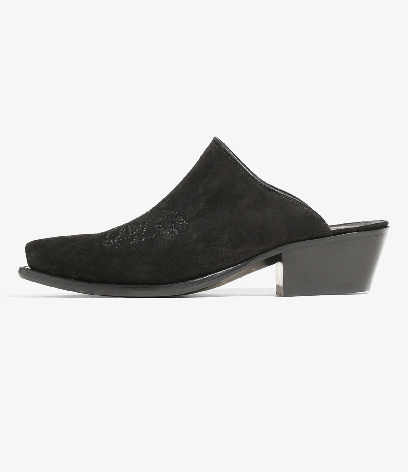 Heeled Papillon Stitched Mule - Black Suede