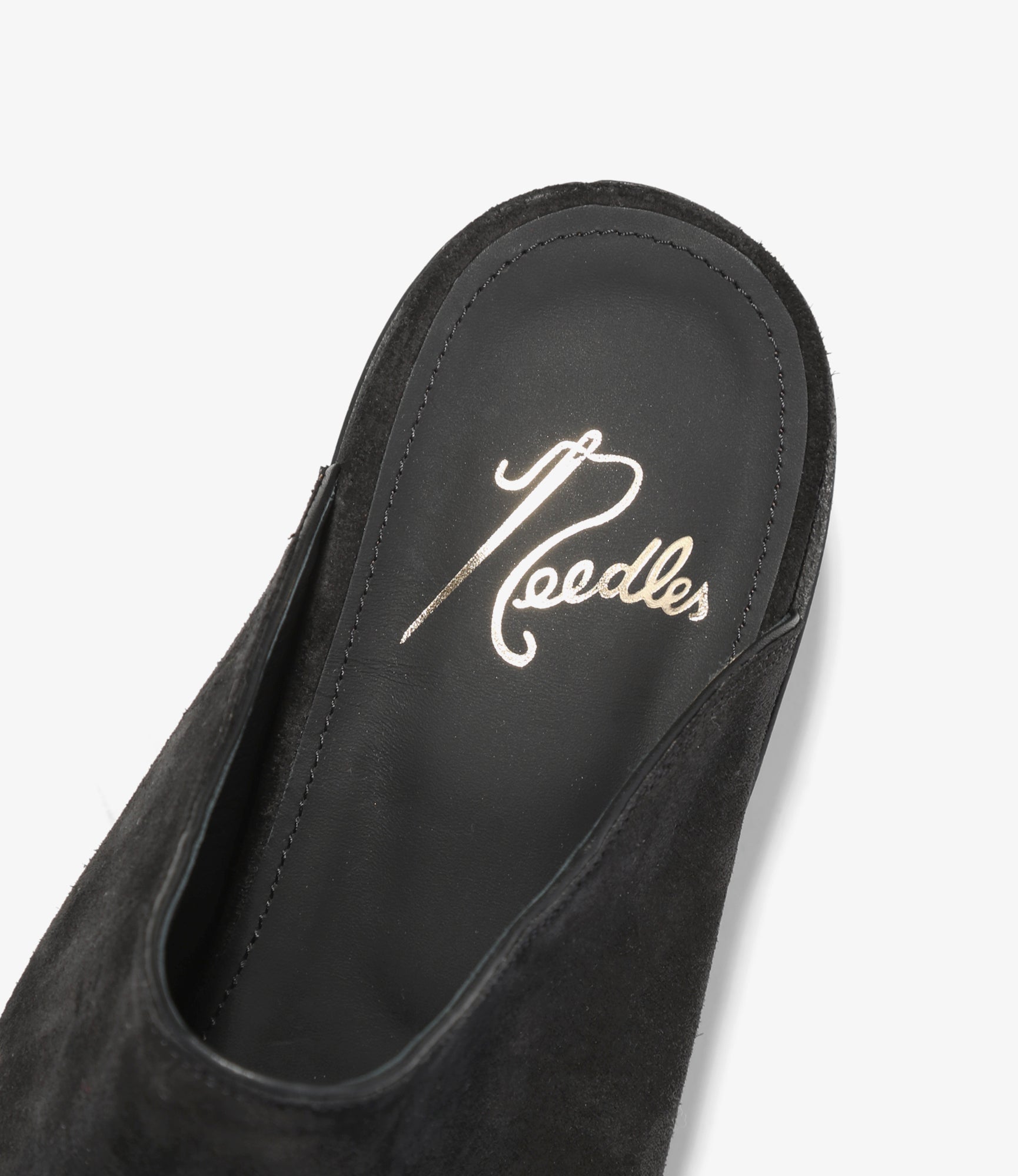 Heeled Papillon Stitched Mule - Black Suede