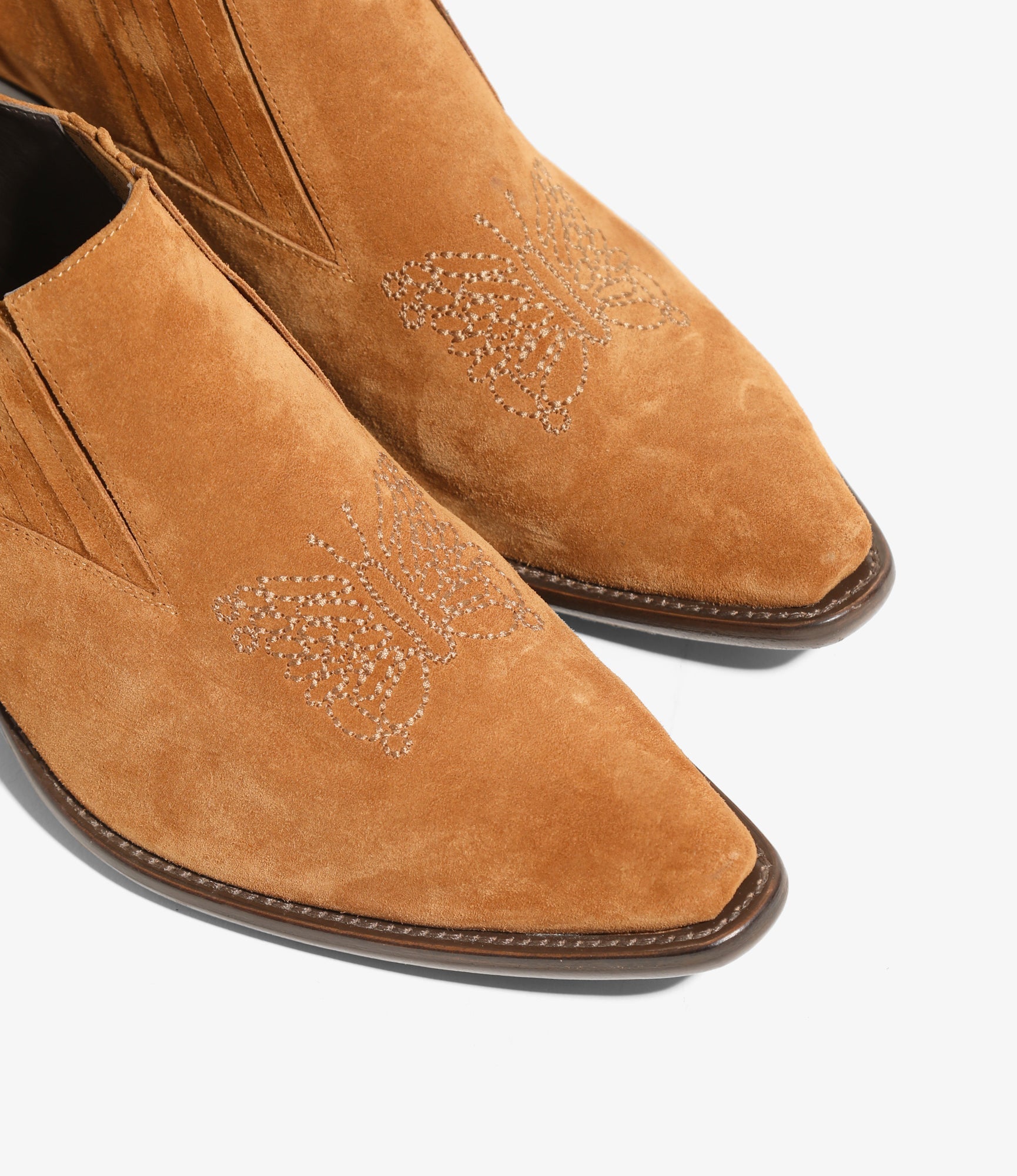 Heeled Papillon Stitched Cowboy Shoe - Brown Suede