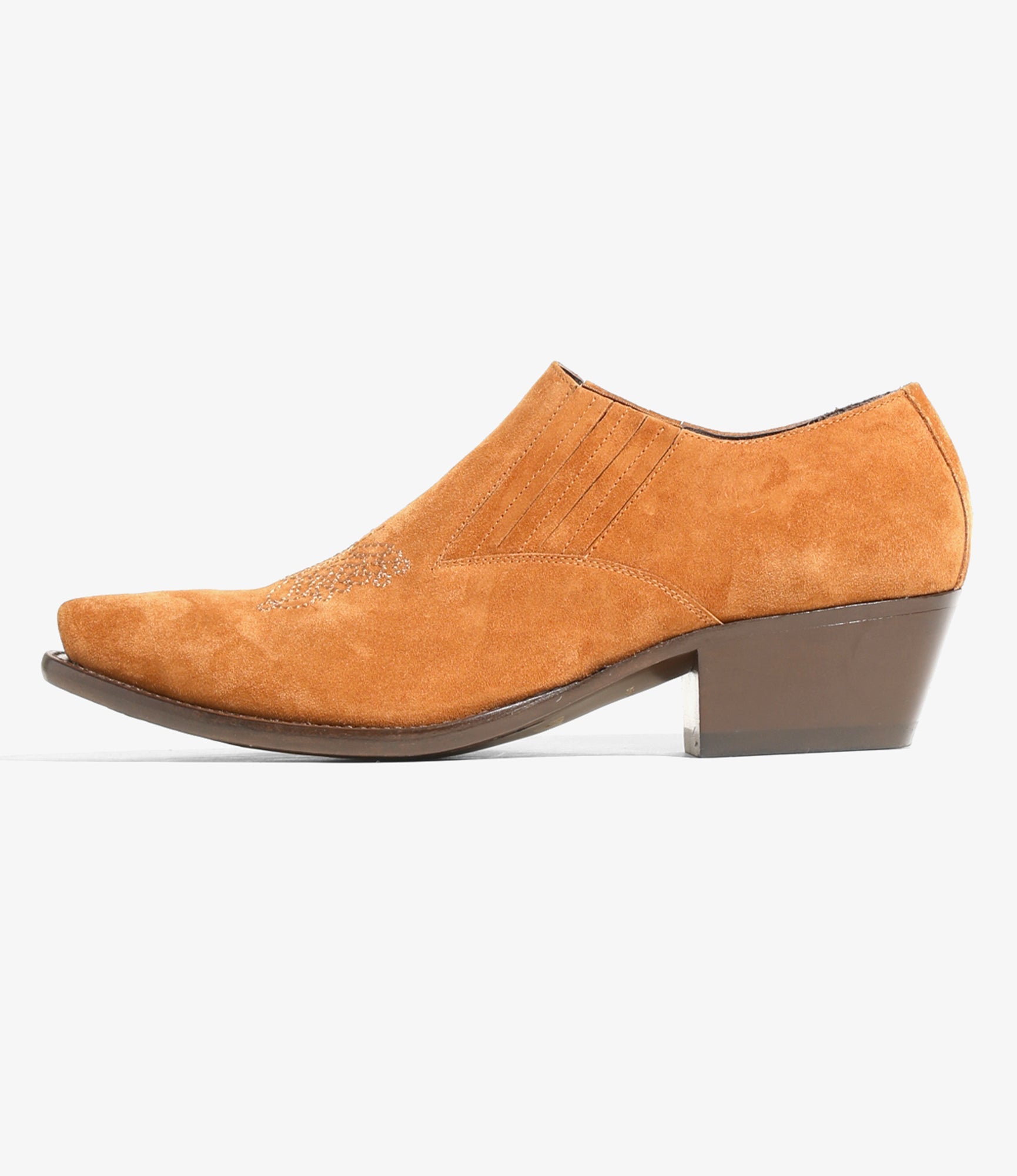 Heeled Papillon Stitched Cowboy Shoe - Brown Suede