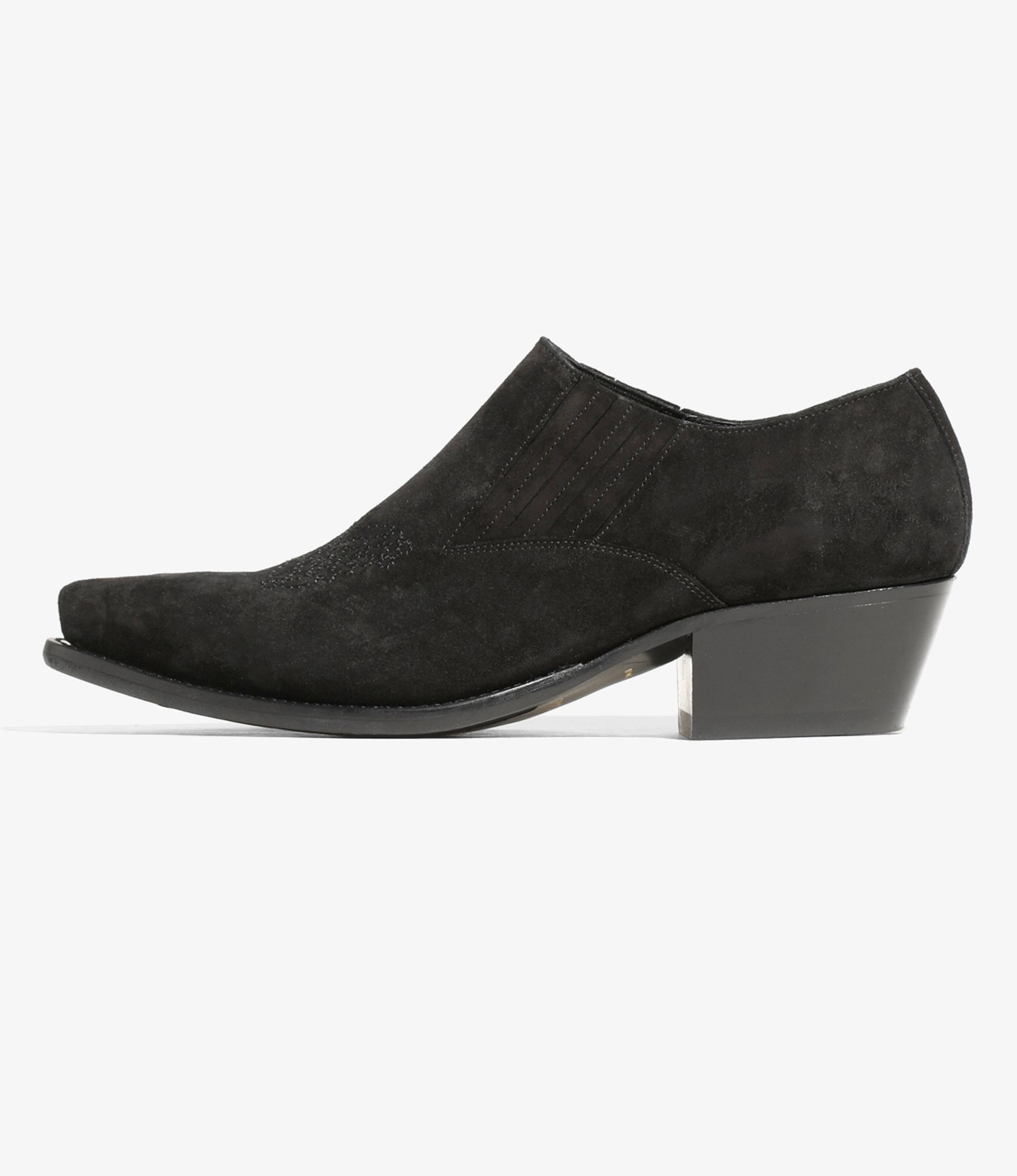 Heeled Papillon Stitched Cowboy Shoe - Black Suede