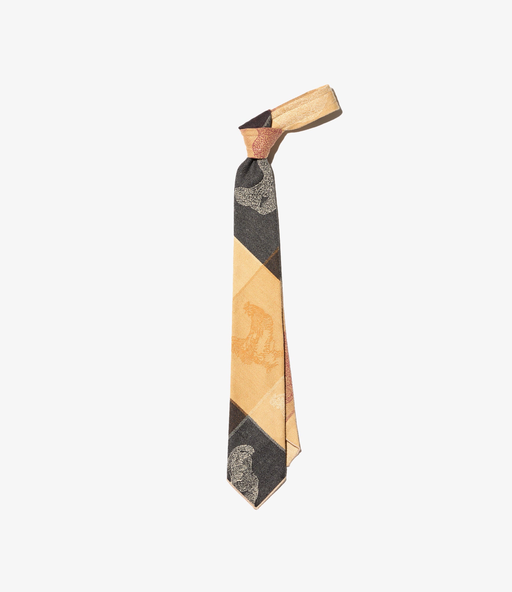 Neck Tie - Khaki Cotton Bird Block Jq.