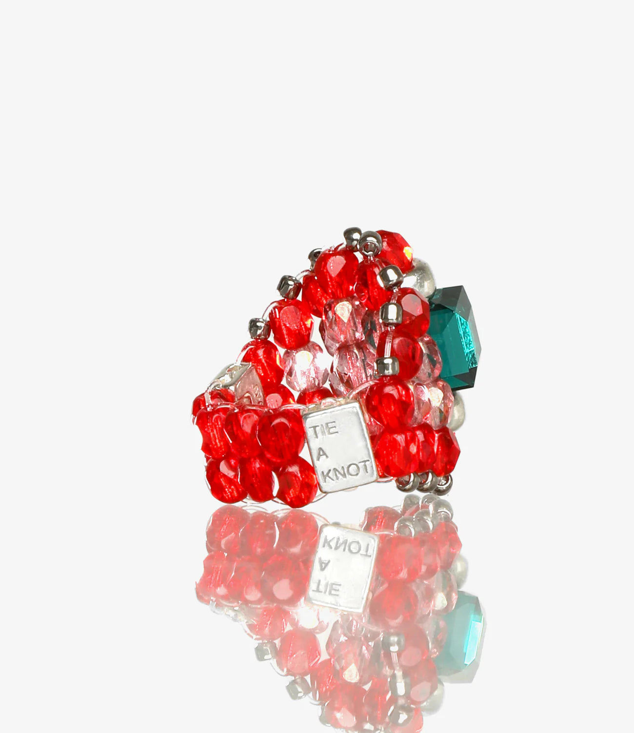 Needles x Tie A Knot - Square Crystal Beads Ring - Green/Red