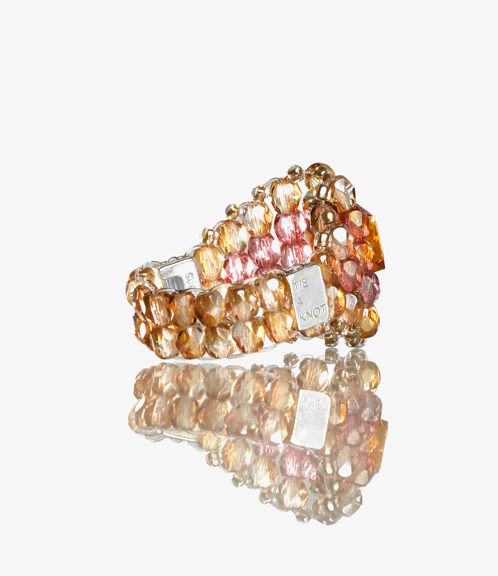 Needles x Tie A Knot - Square Crystal Beads Ring - Brown x Clear Beige