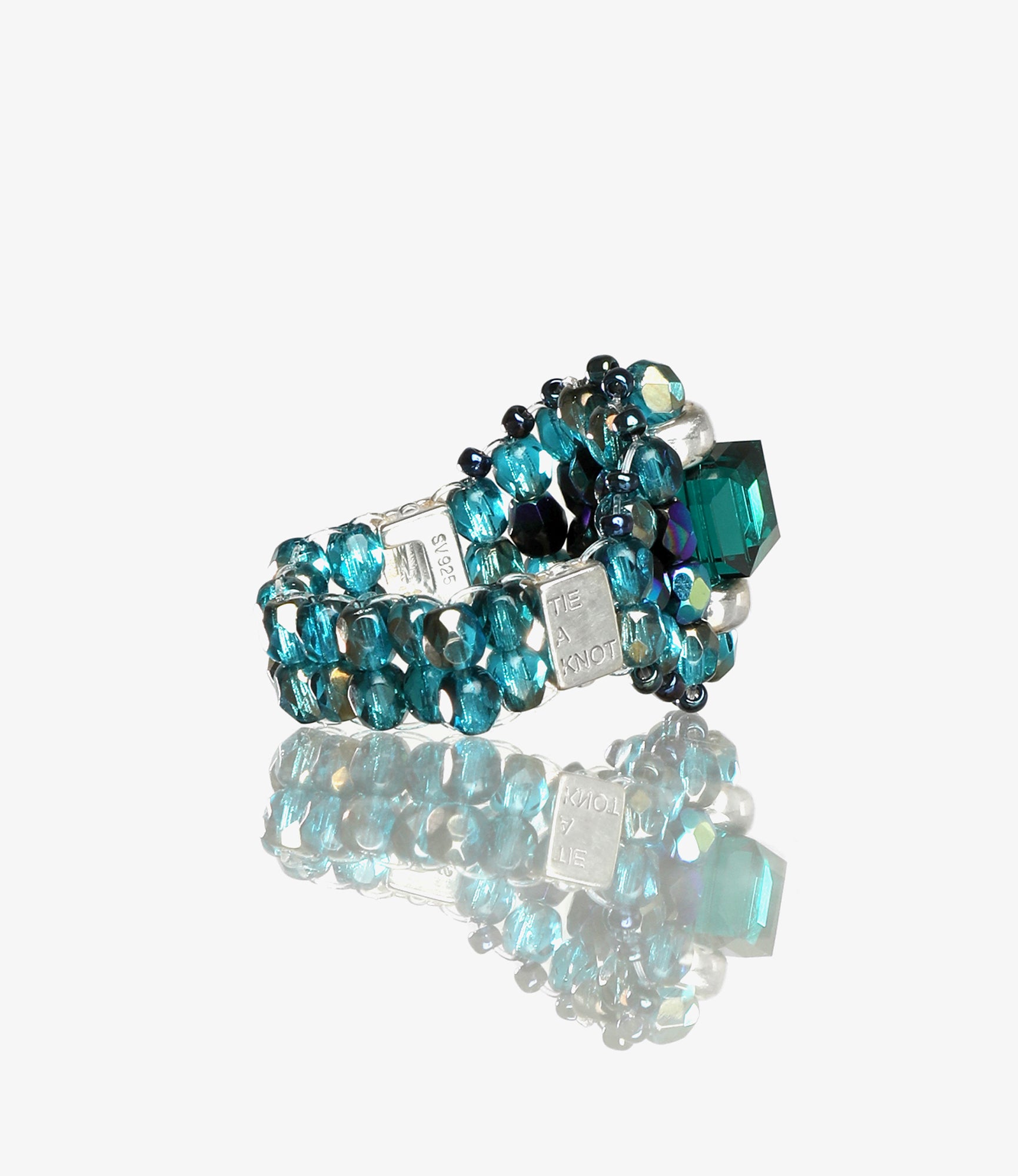 Needles x Tie A Knot - Square Crystal Beads Ring - Green x Blue