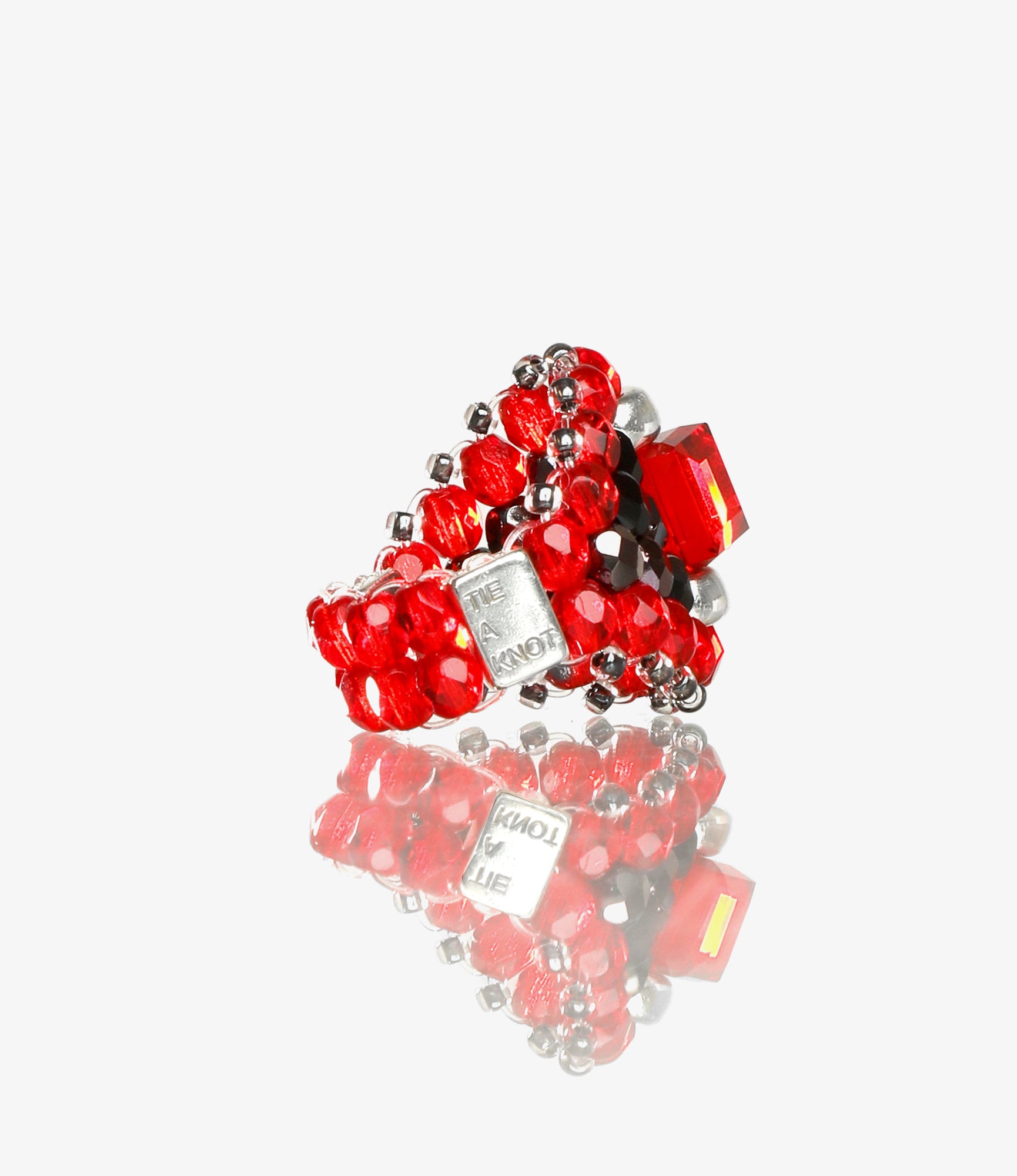 Needles x Tie A Knot - Square Crystal Beads Ring - Red x Red