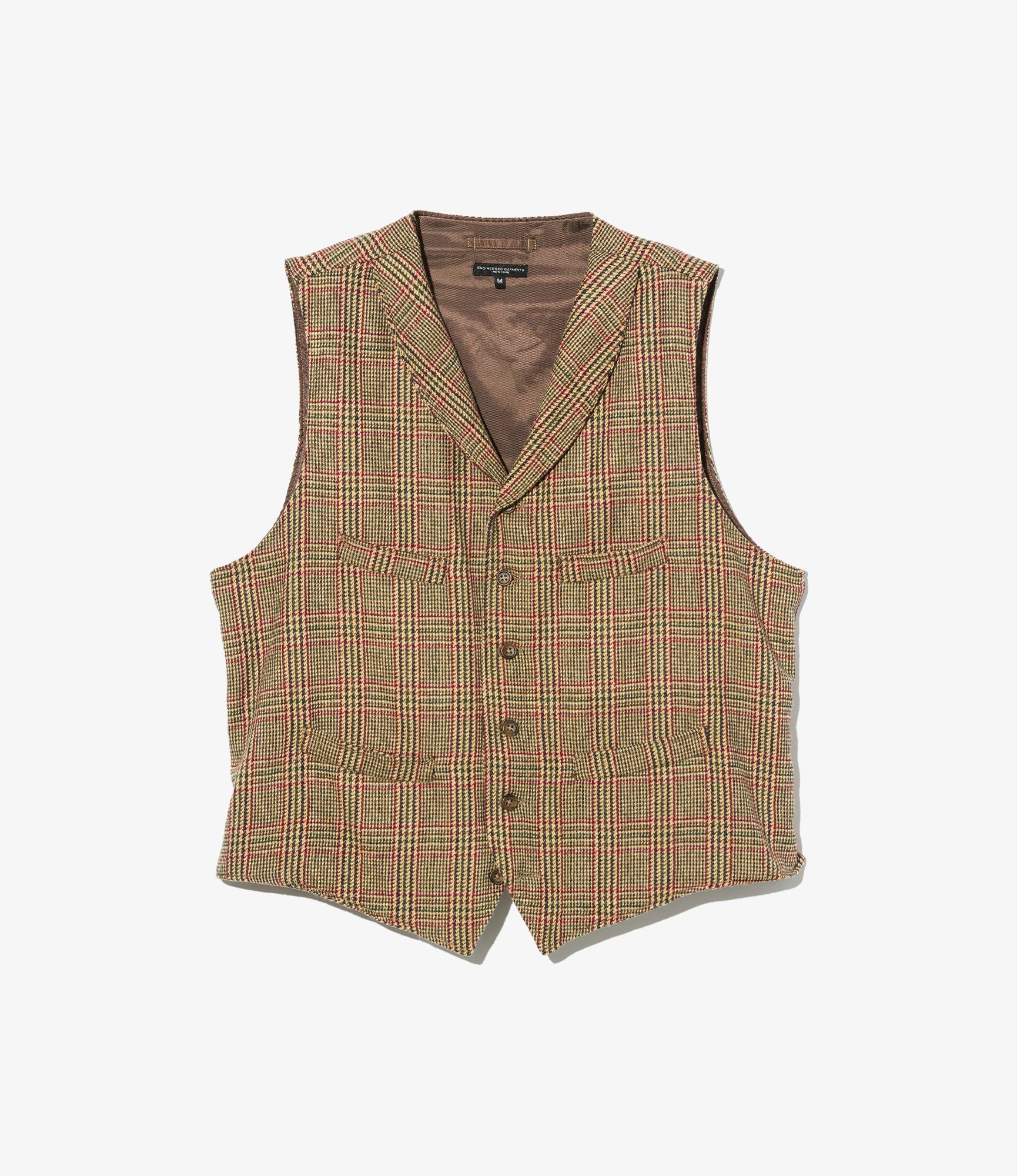 Shawl Collar Cinch Vest - Tan/Red Wool Poly Glen Plaid