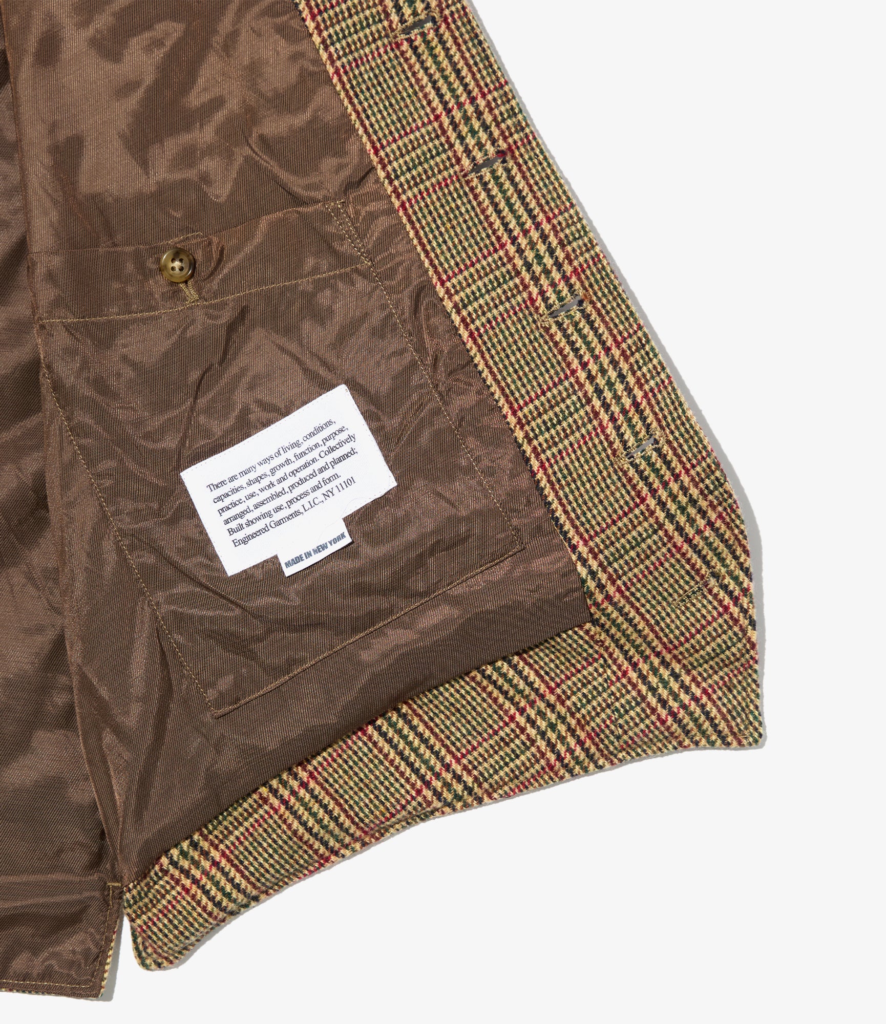 Shawl Collar Cinch Vest - Tan/Red Wool Poly Glen Plaid