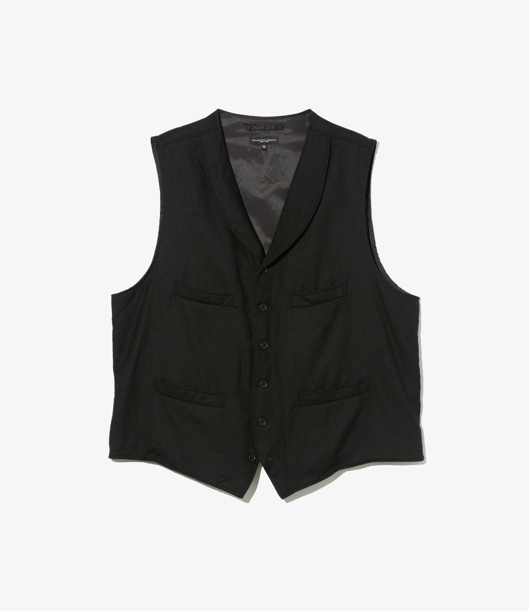 Shawl Collar Cinch Vest - Black High Count Worsted Wool