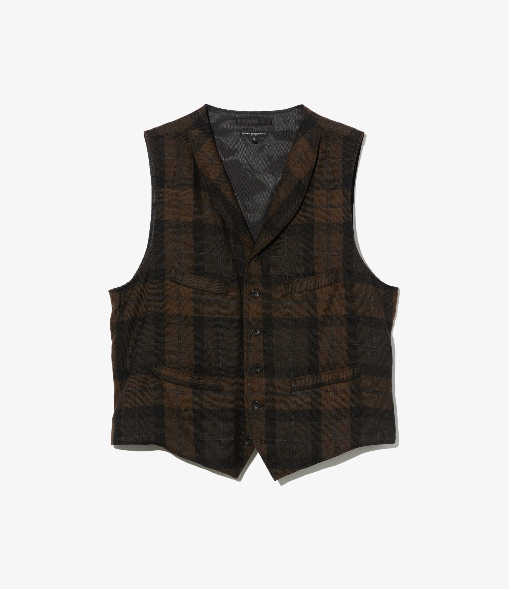 Shawl Collar Cinch Vest - Brown/Black Worsted Wool Plaid