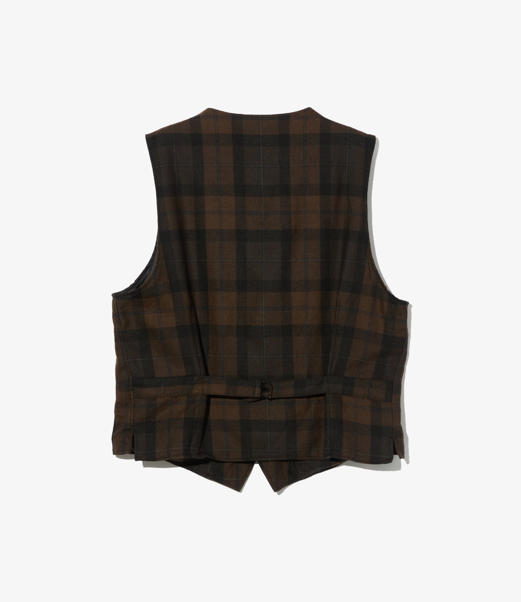 Shawl Collar Cinch Vest - Brown/Black Worsted Wool Plaid