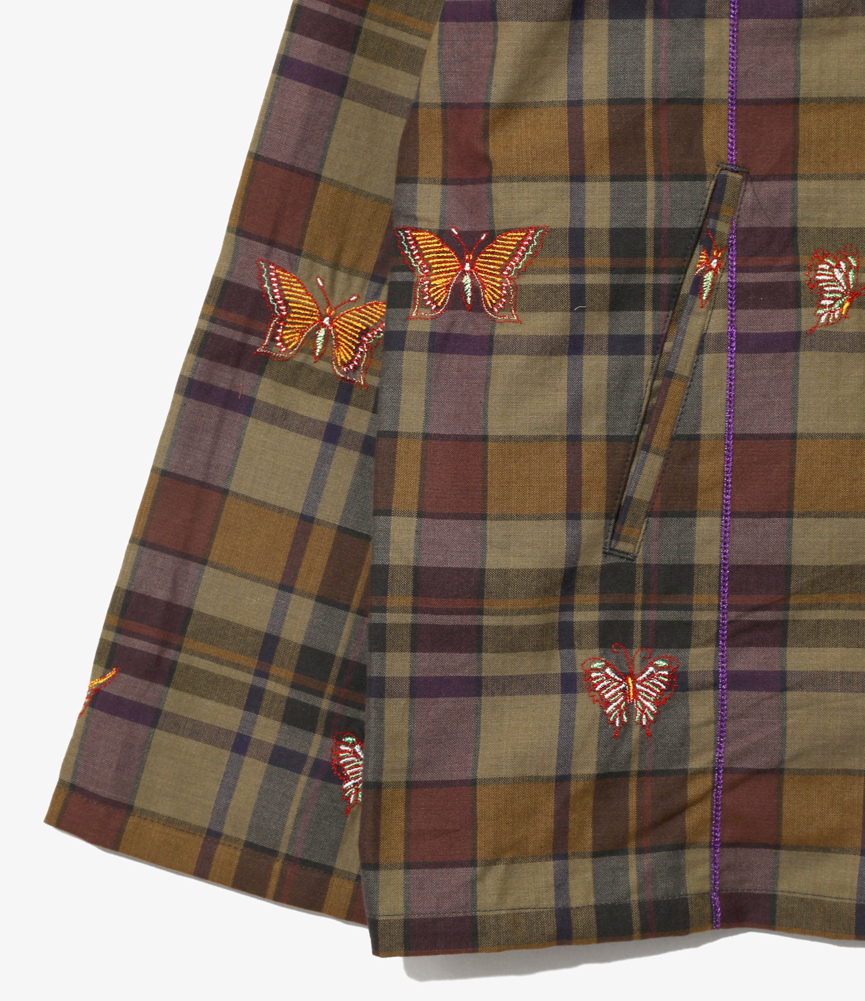 V-Neck Cardigan - Brown - Embroidered Madras Plaid
