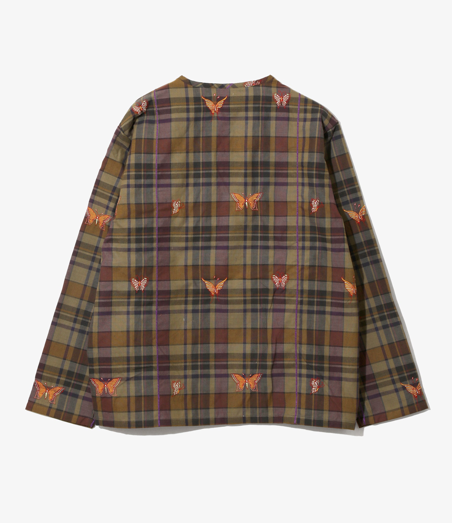 V-Neck Cardigan - Brown - Embroidered Madras Plaid