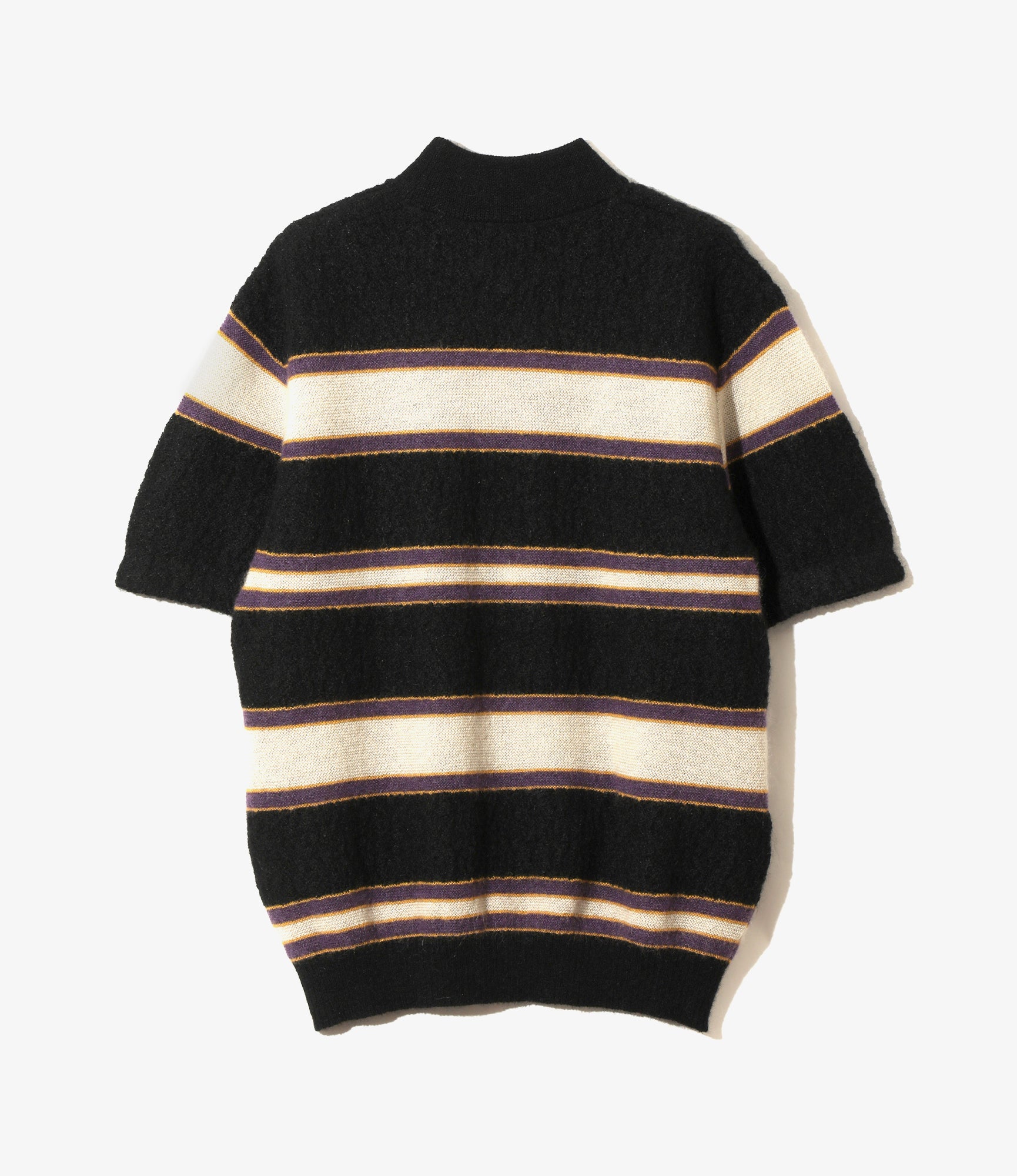 Women's S/S Mock Neck Sweater - Black - Crepe Weave Stripe