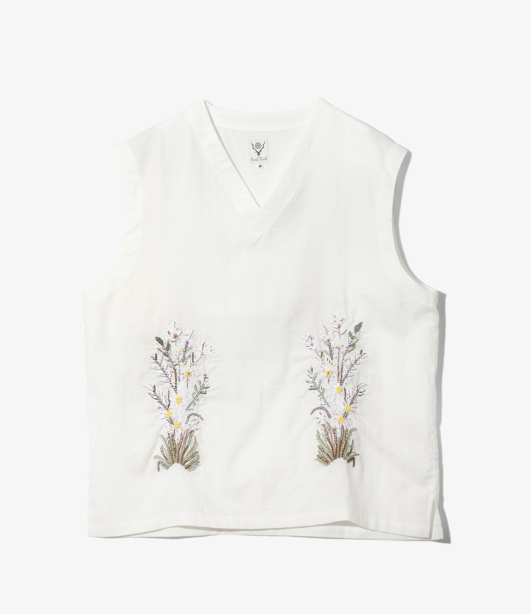 Women's Sleeveless V Neck Shirt - White - Flower Embroidery