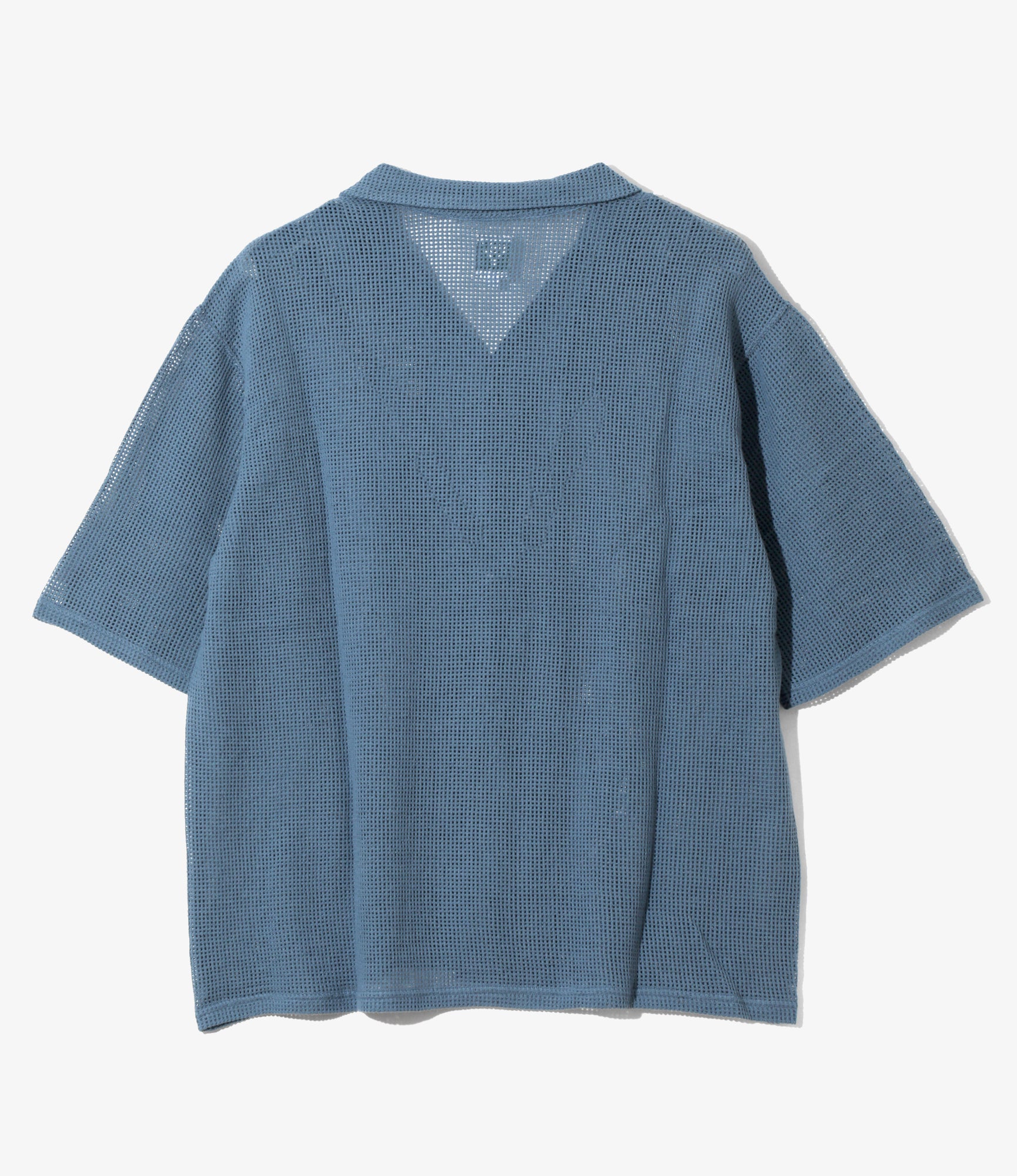 Women's S/S Open Collar Shirt - Blue - Cotton Mesh