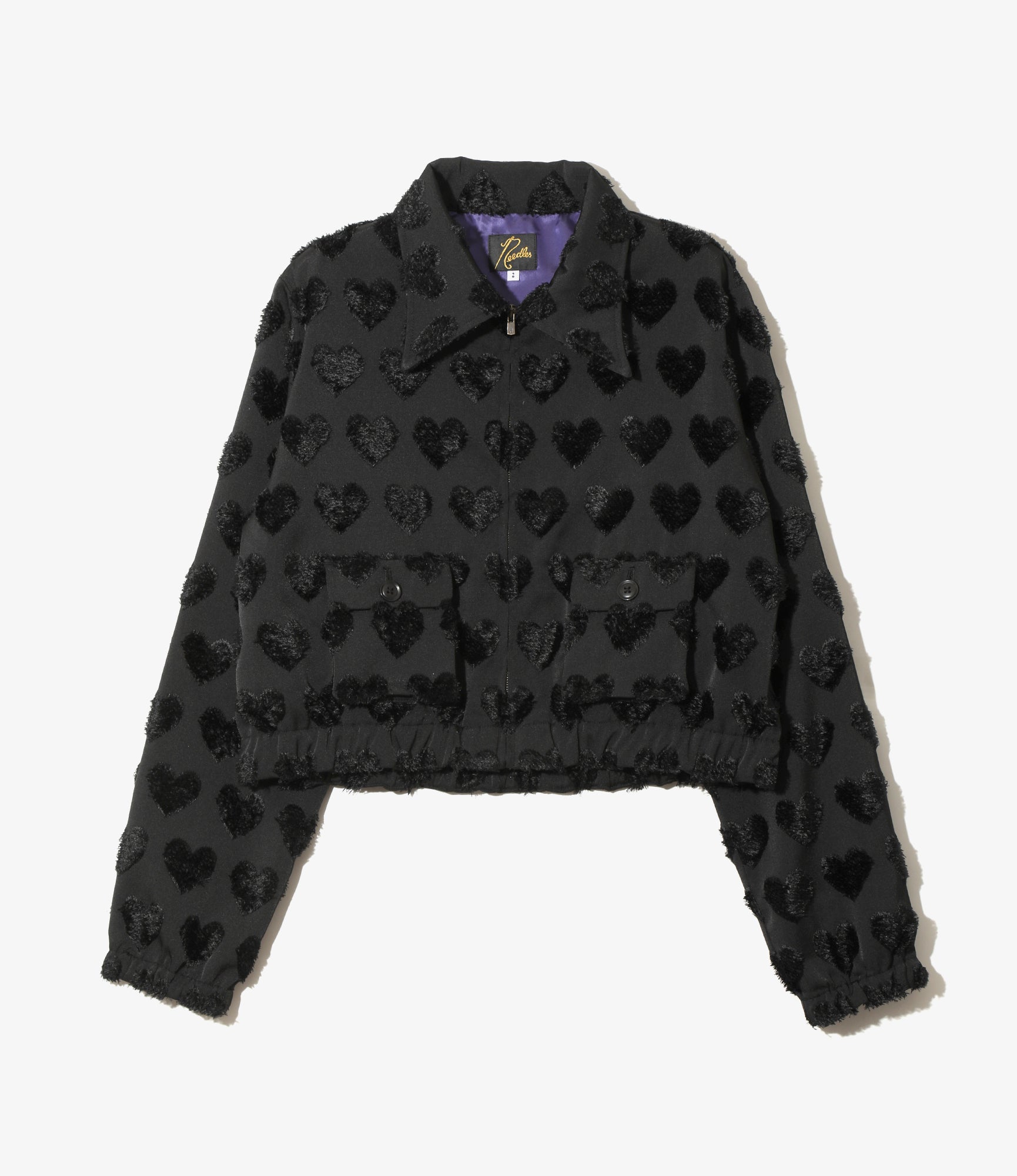 Women's Long Point Collar Jacket - Black - Cut Jacquard Heart Fringe